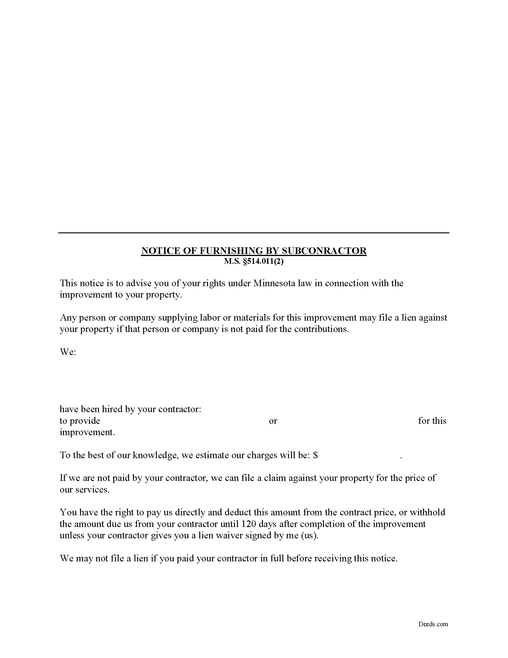 Grant County Subcontractor Notice of Furnishing Form