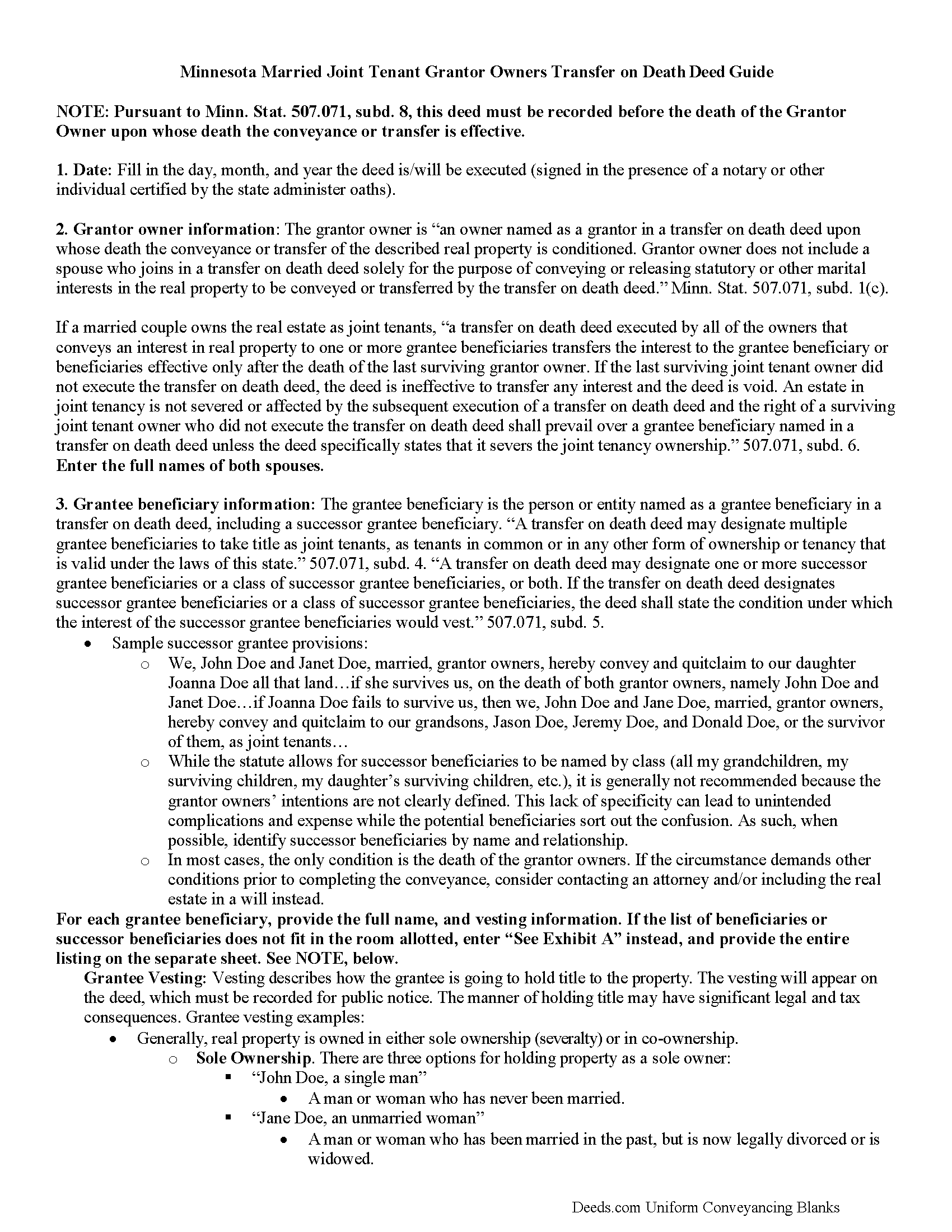 Grant County Transfer on Death Deed by Married Joint Tenants Guide