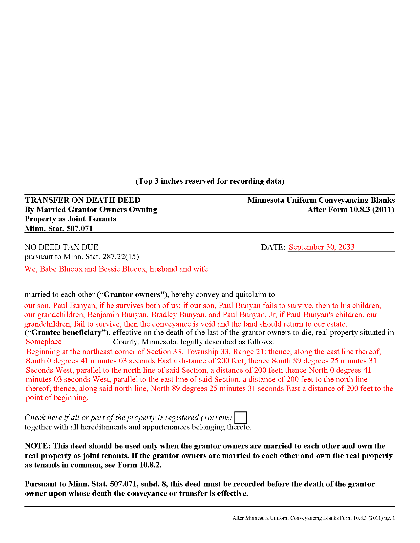 Completed Example of the Transfer on Death Deed by Married Joint Tenants Document