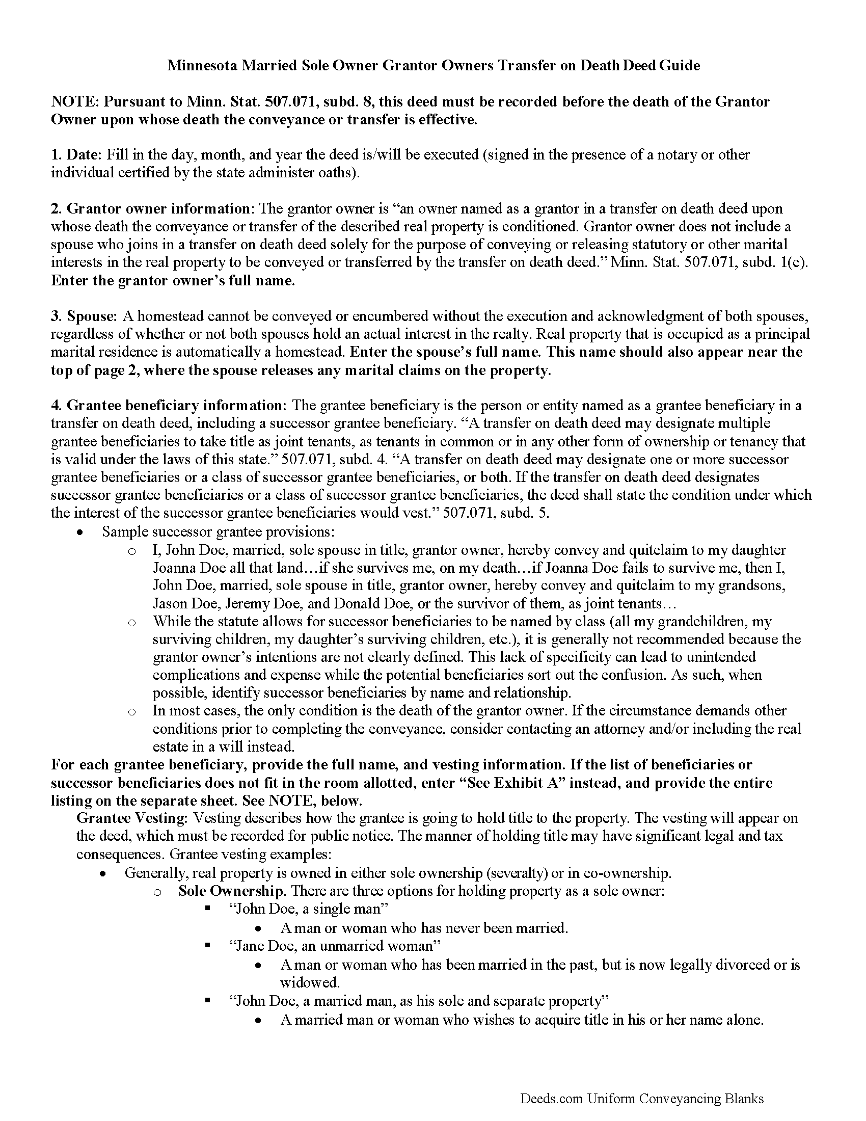 Grant County Transfer on Death Deed by Married Sole Owner Guide