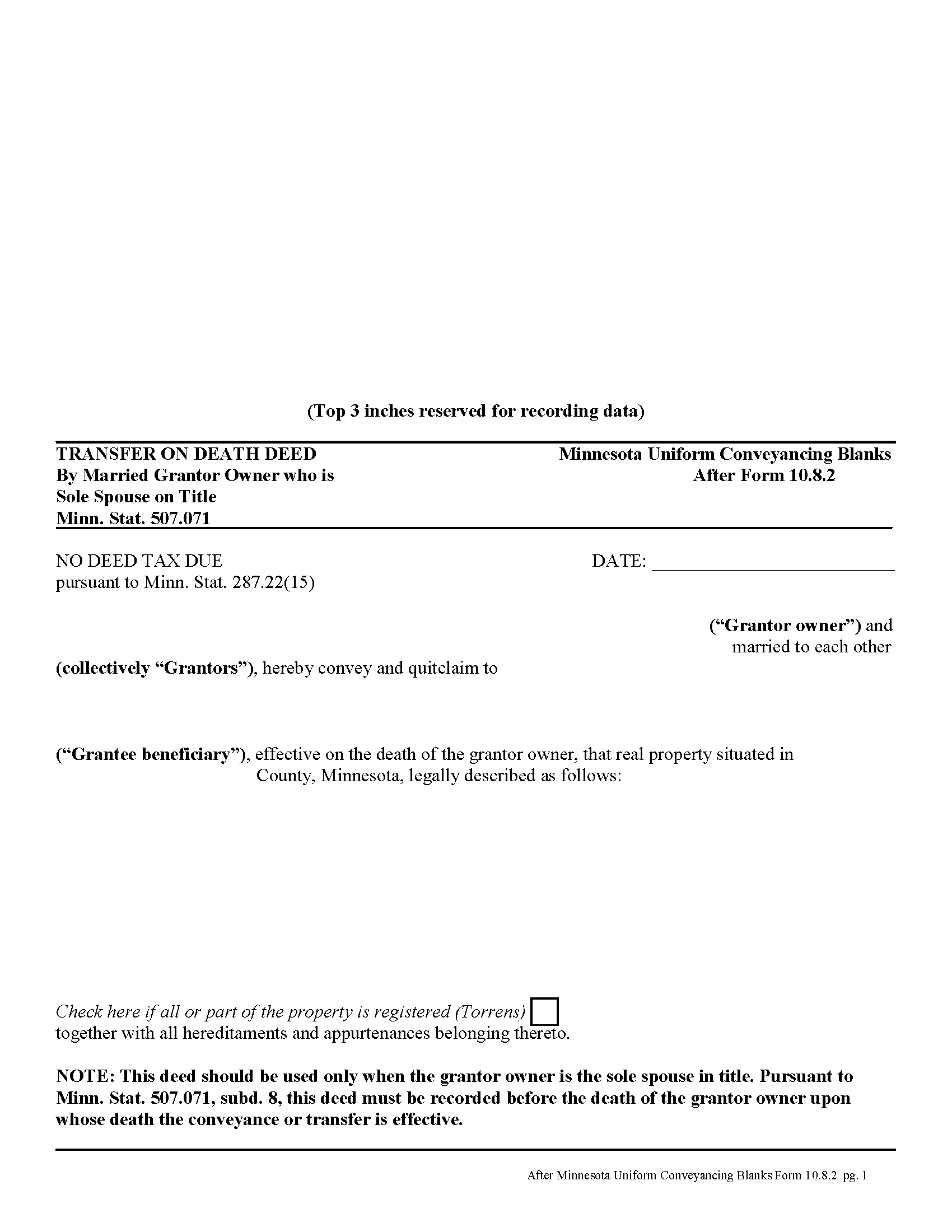 Grant County Transfer on Death Deed by Married Sole Owner