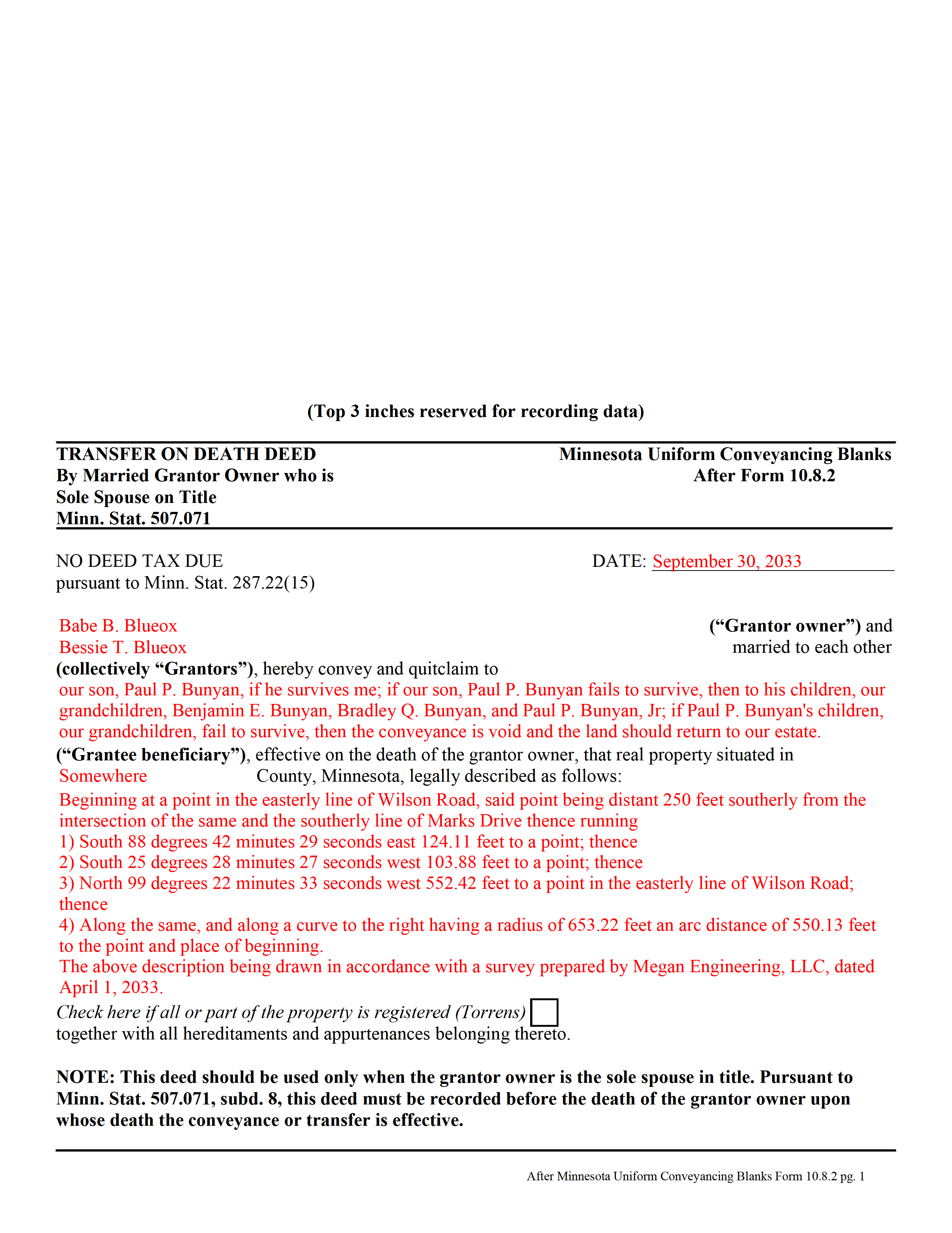 Completed Example of the Transfer on Death Deed by Married Sole Owner Document