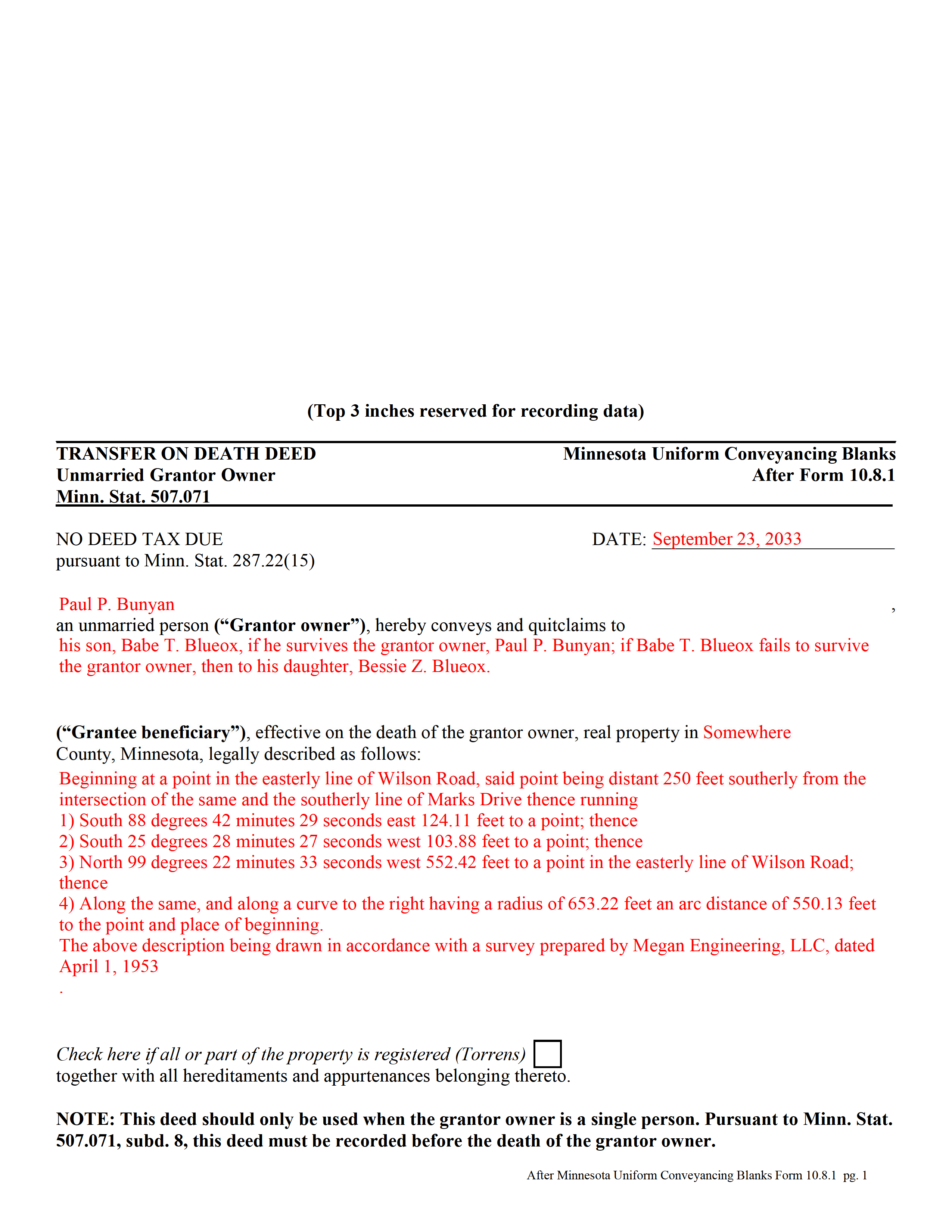 Completed Example of the Transfer on Death Deed by Unmarried Owner Document
