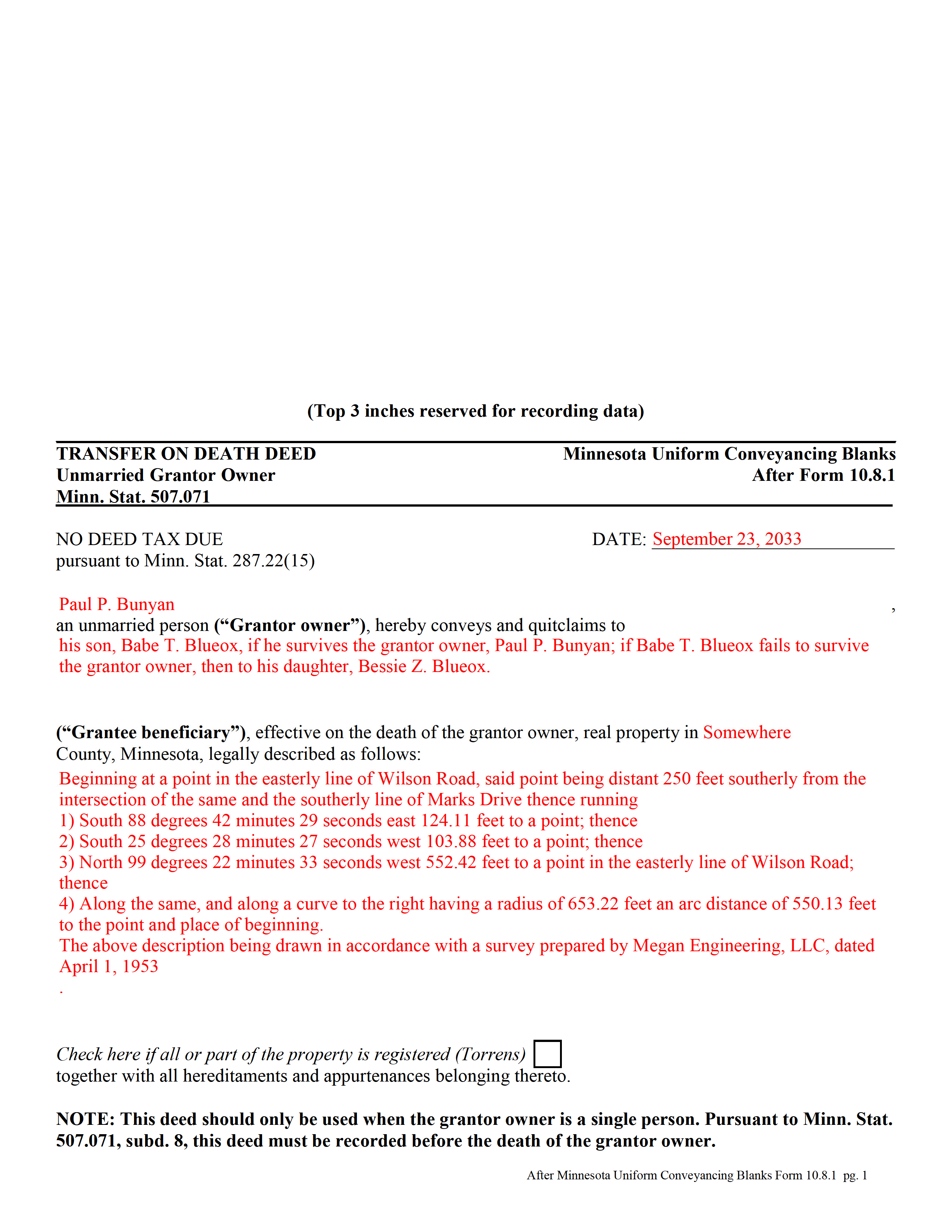 Grant County Completed Example of the Transfer on Death Deed by Unmarried Owner Document