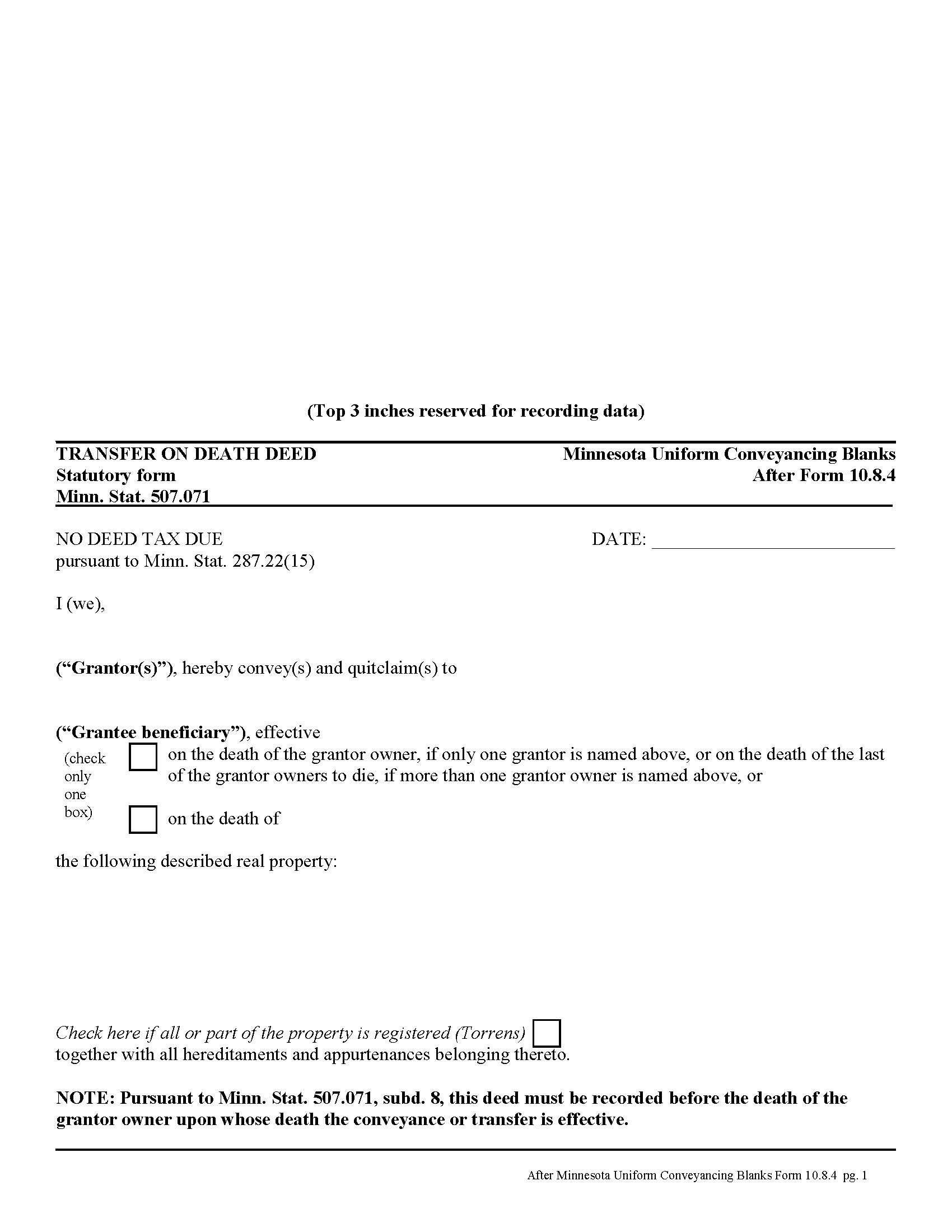 Grant County Transfer on Death Deed Form