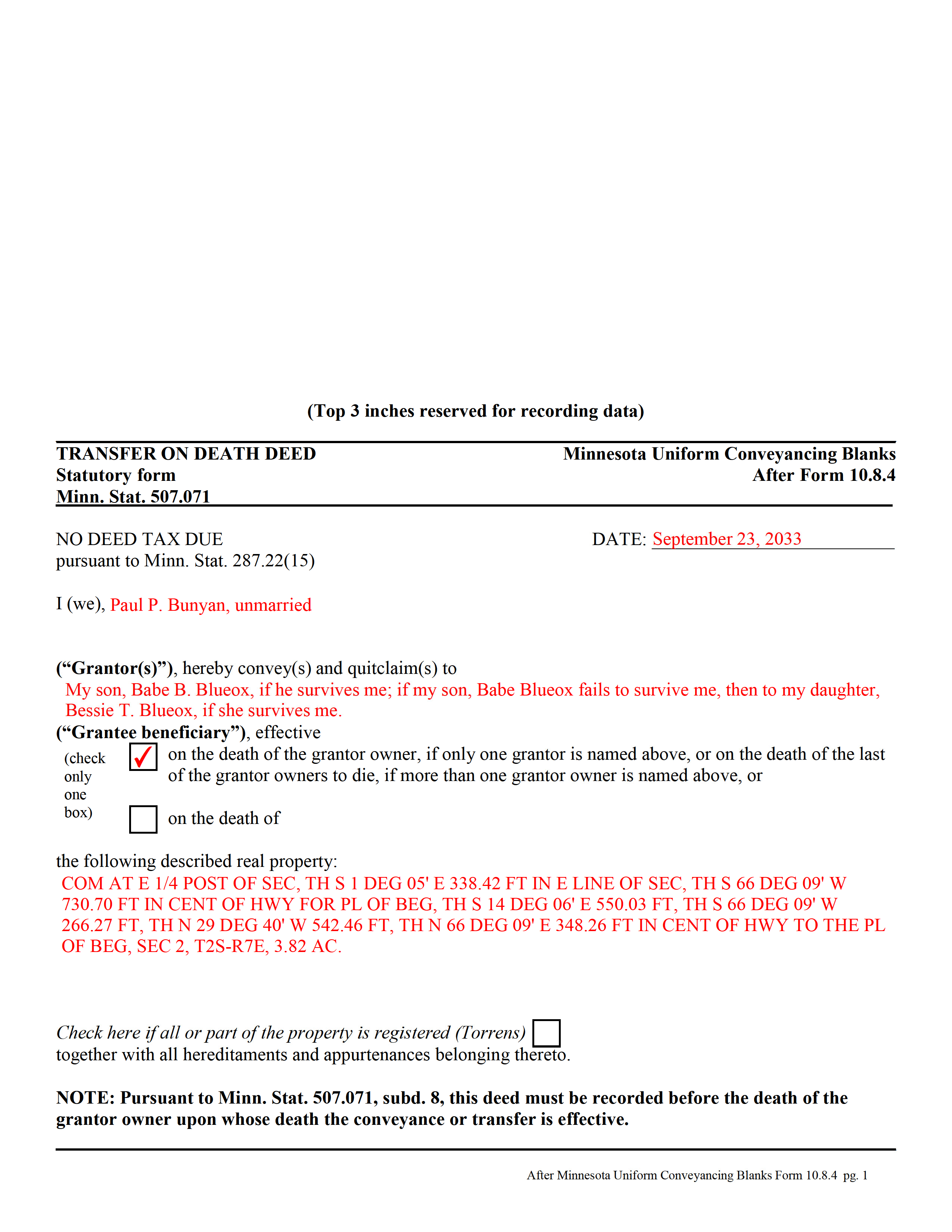 Grant County Completed Example of the Transfer on Death Deed Document