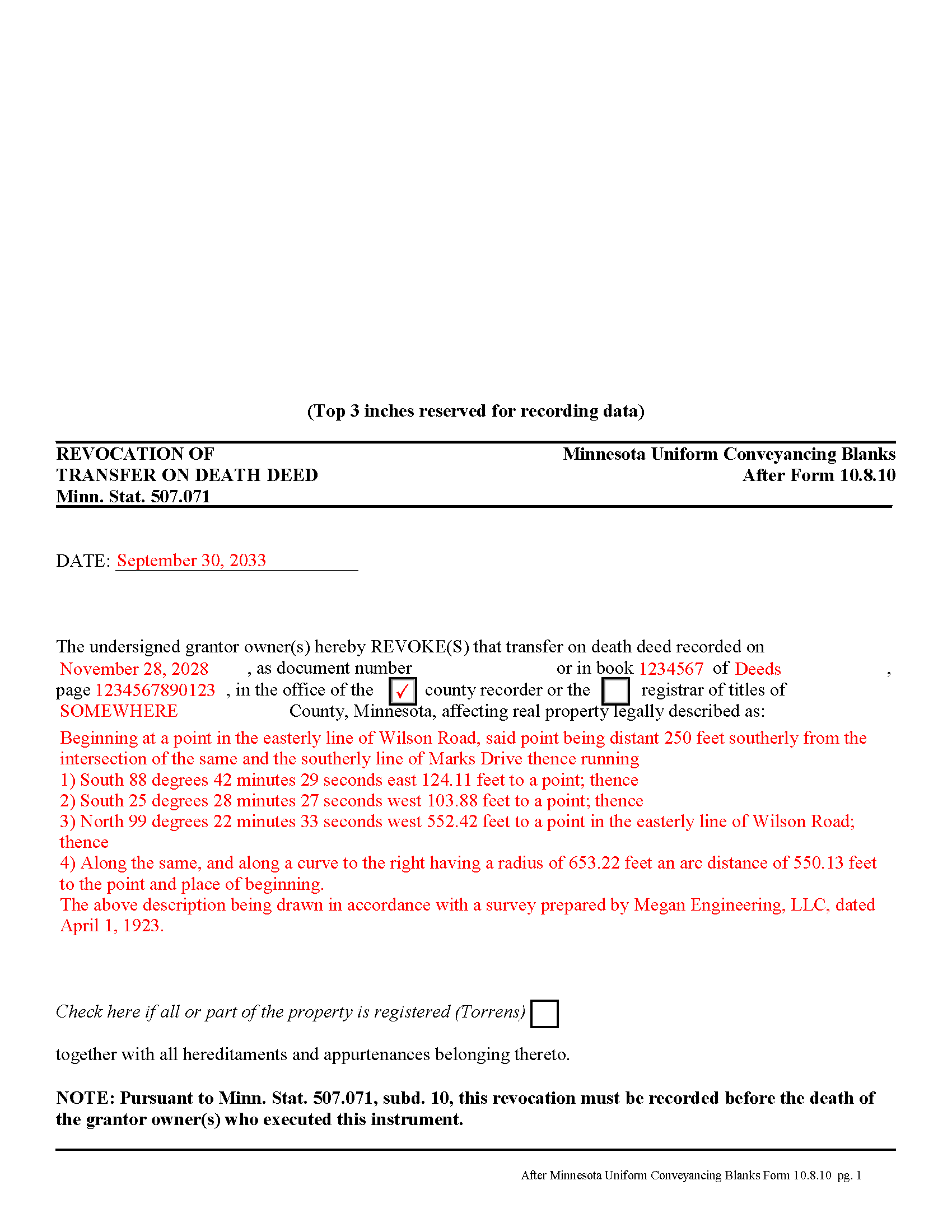 Goodhue County Completed Example of the Transfer on Death Revocation Document