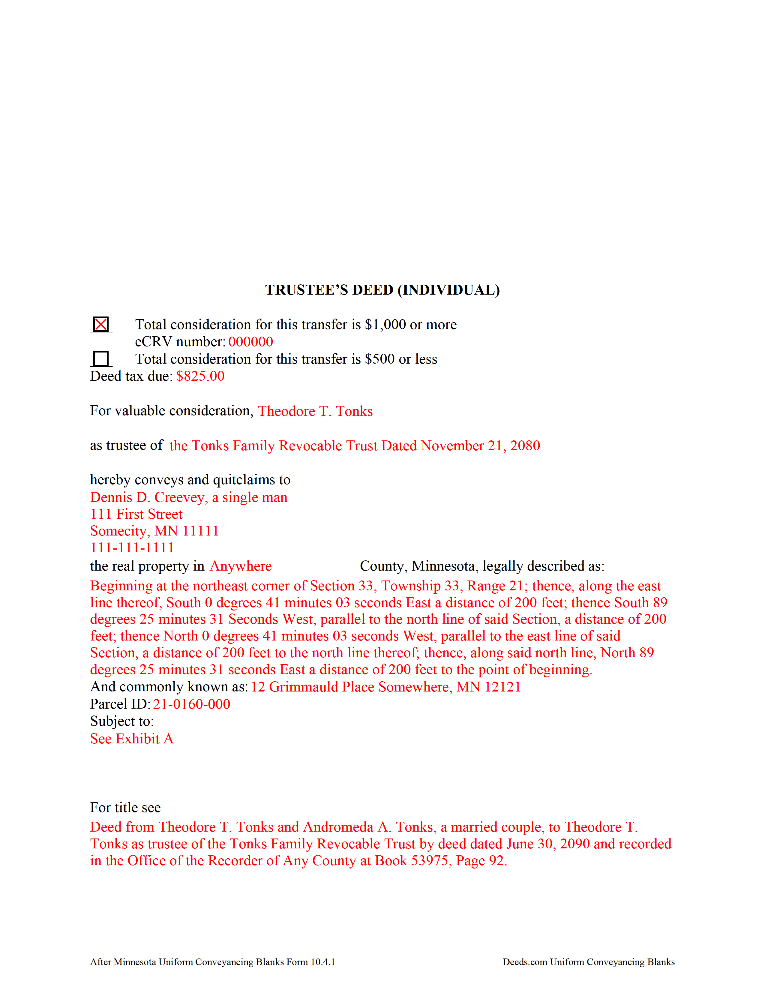 Chisago County Completed Example of the Trustee Deed Document