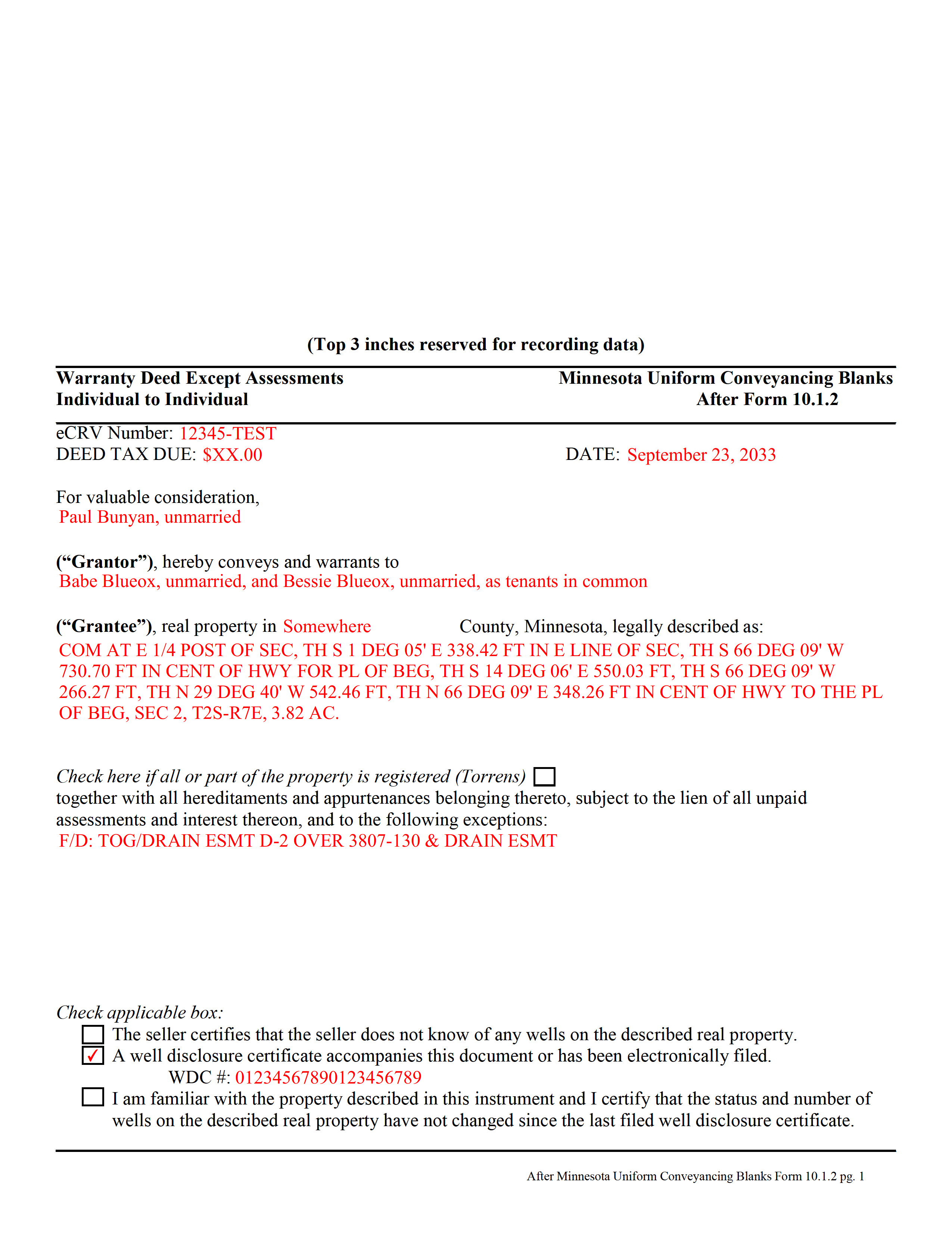 Grant County Completed Example of the Warranty Deed Excluding Assessment Document
