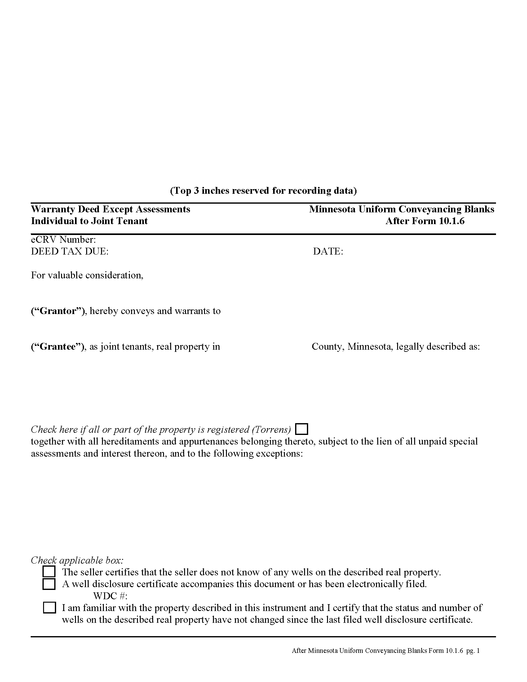 Warranty Deed from Individual to Joint Tenants Excluding Assessments Form Fo