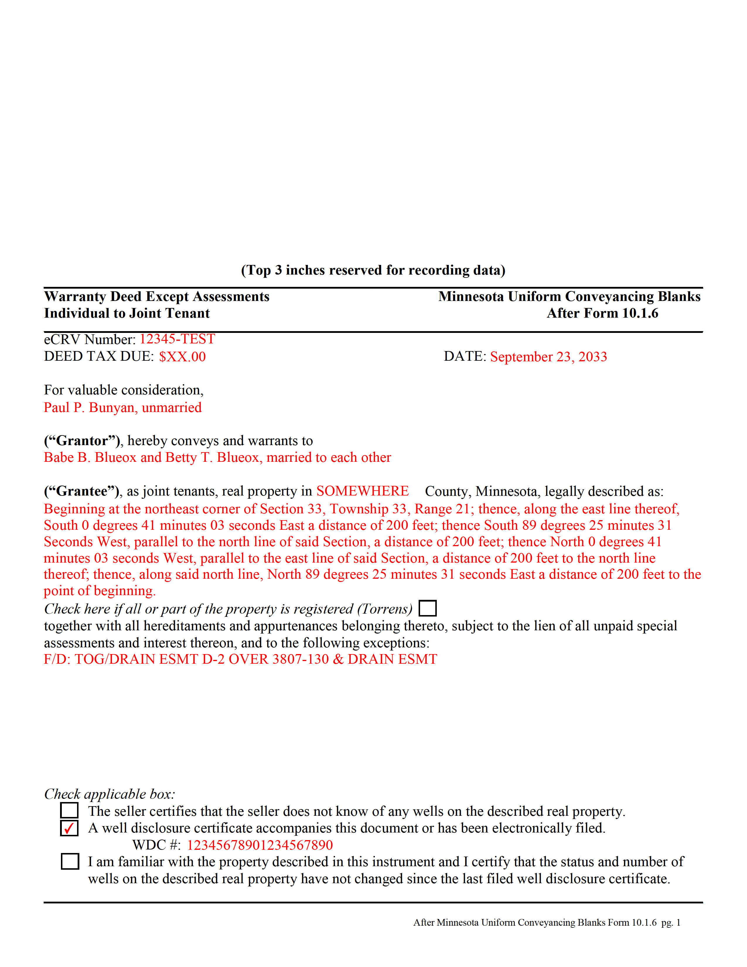 Completed Example of Warranty Deed from Individual to Joint Tenant Excluding Assessments Document