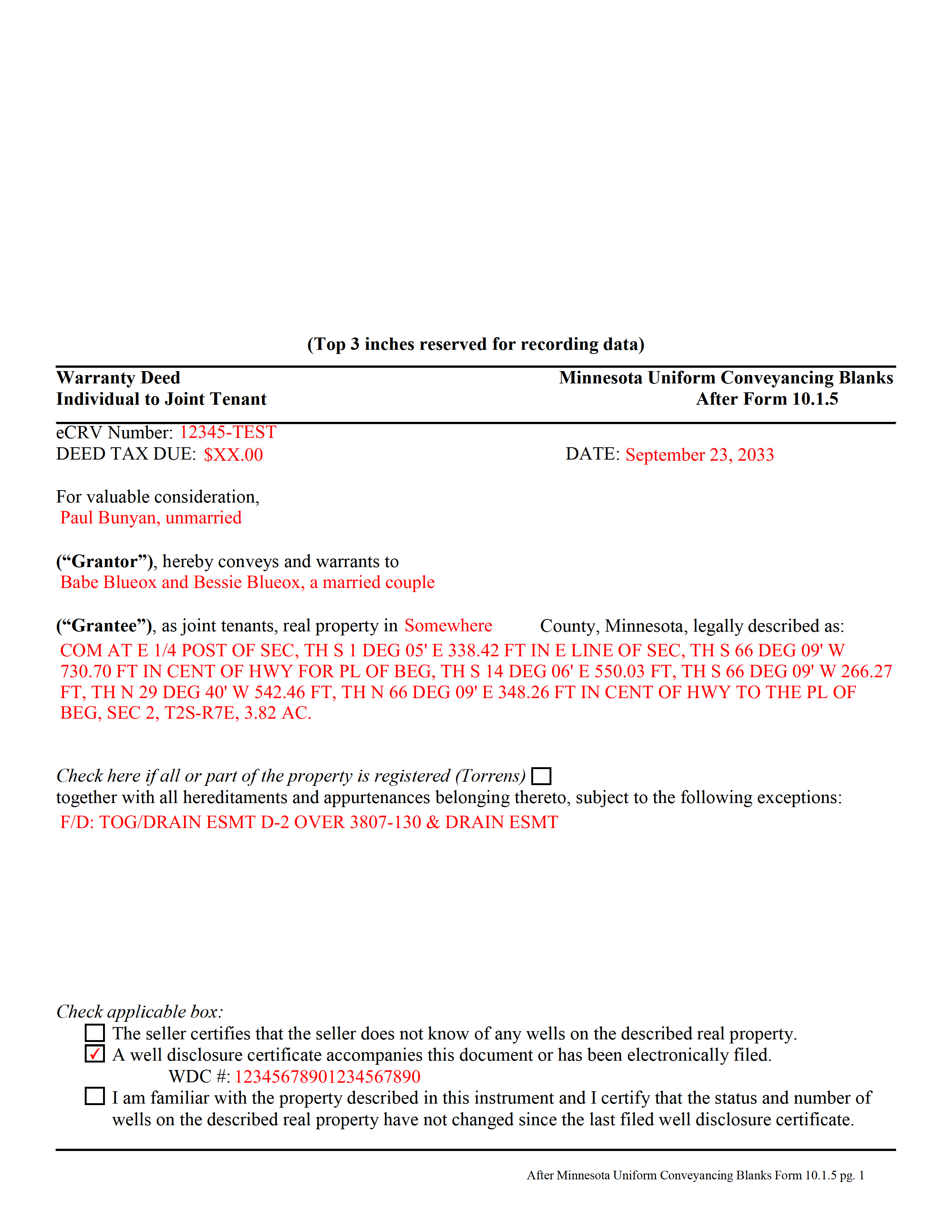 Grant County Completed Example of the Warranty Deed from Individual to Joint Tenants Document