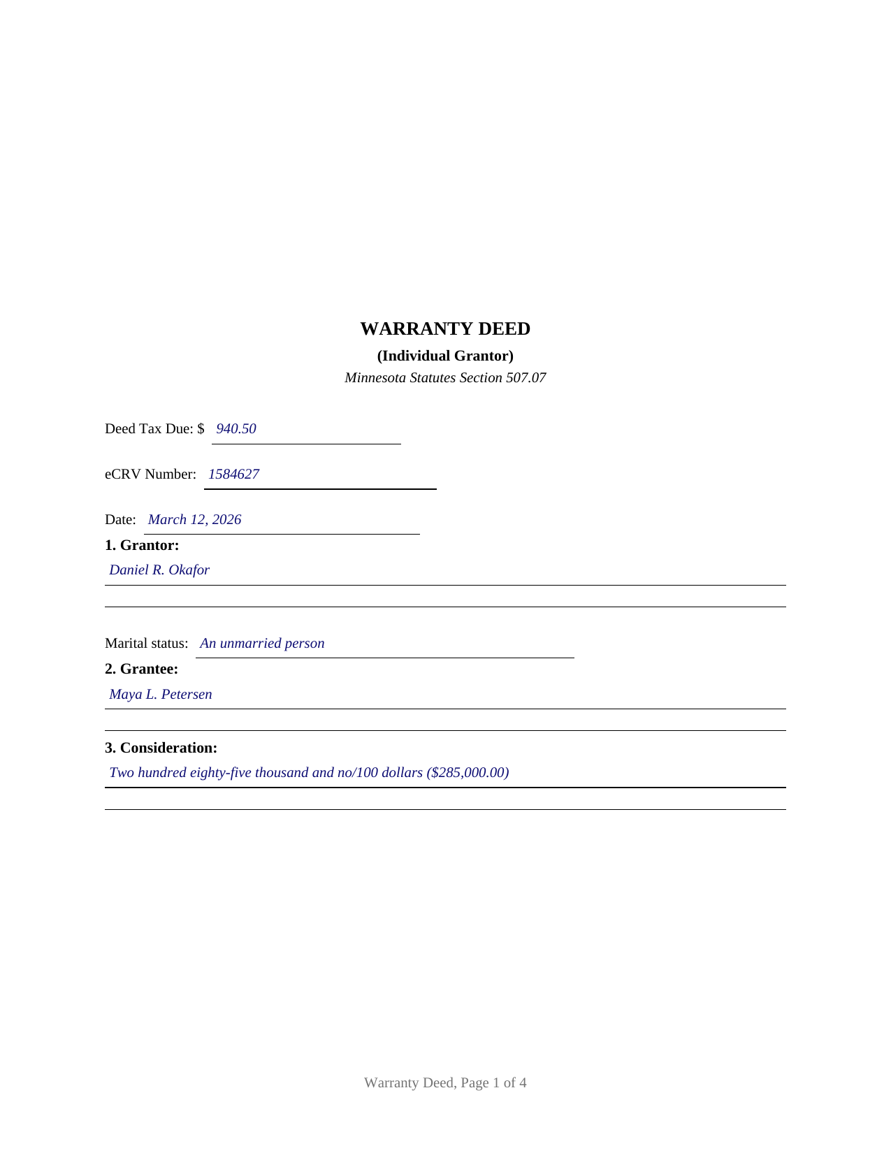 Carlton County Completed Example of the Warranty Deed (Individual Grantor) Document