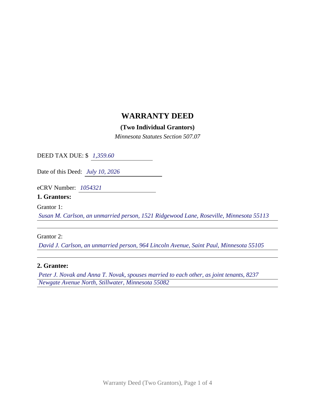 Cook County Completed Example of the Warranty Deed (Two Grantors) Document