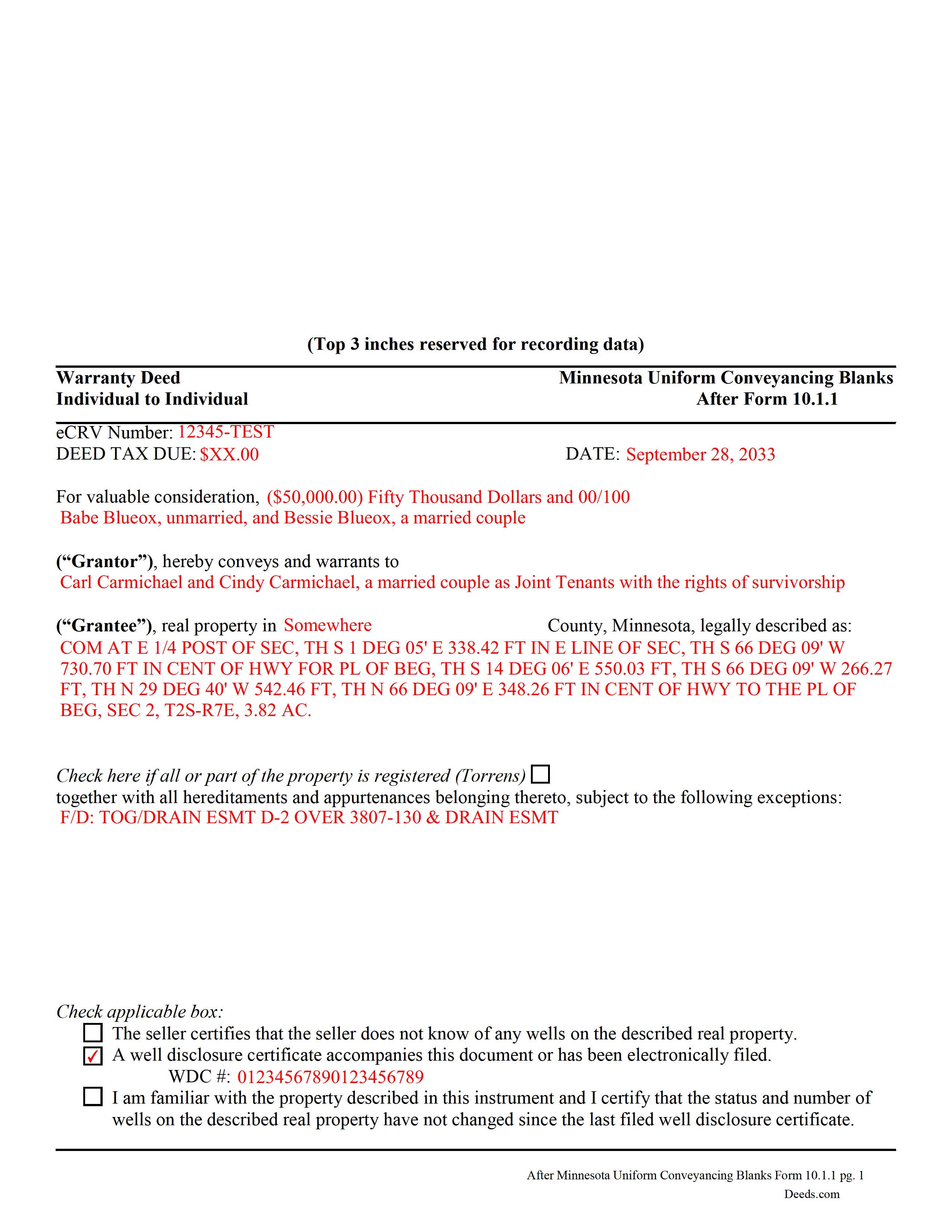 Completed Example of the Warranty Deed Form