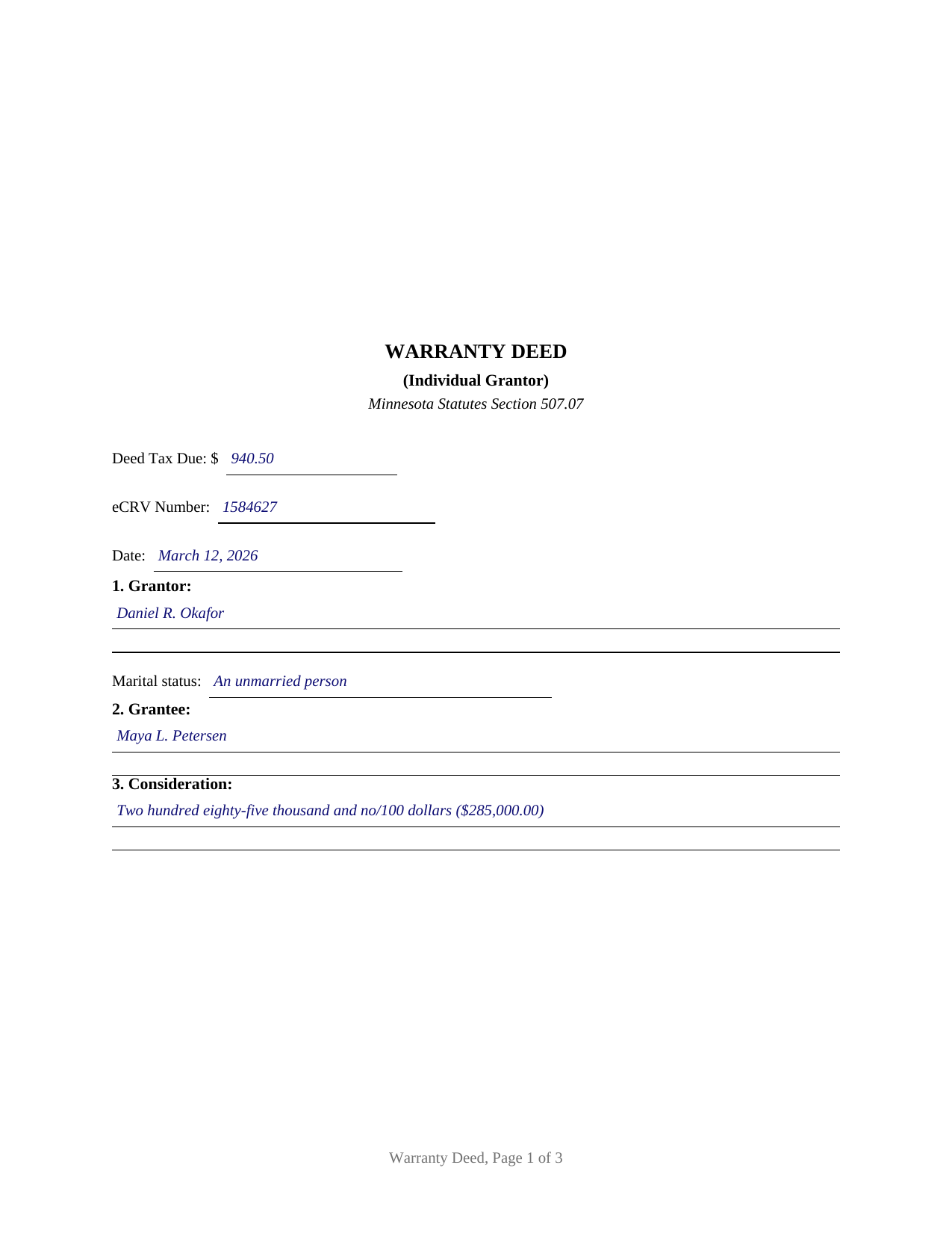 Mahnomen County Completed Example of the Warranty Deed Document