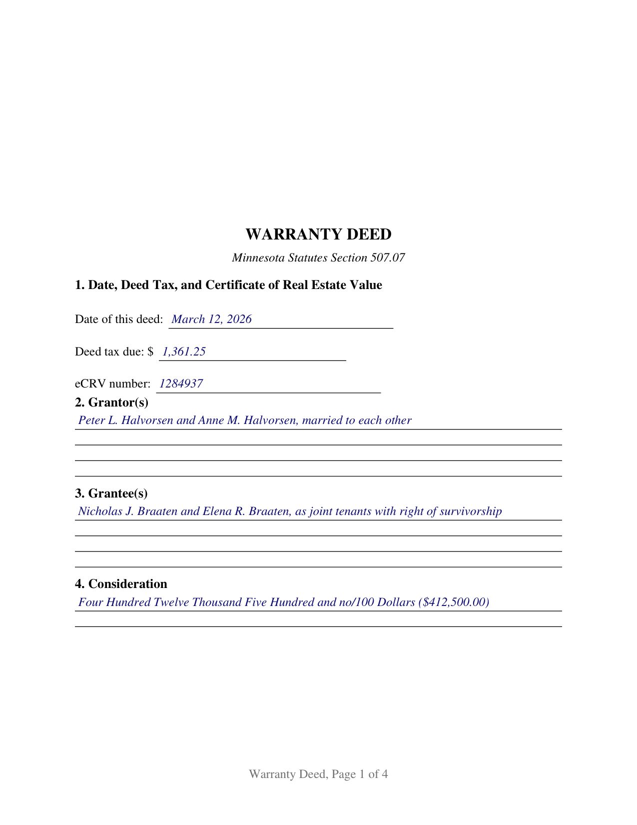 Anoka County Completed Example of the Warranty Deed Document