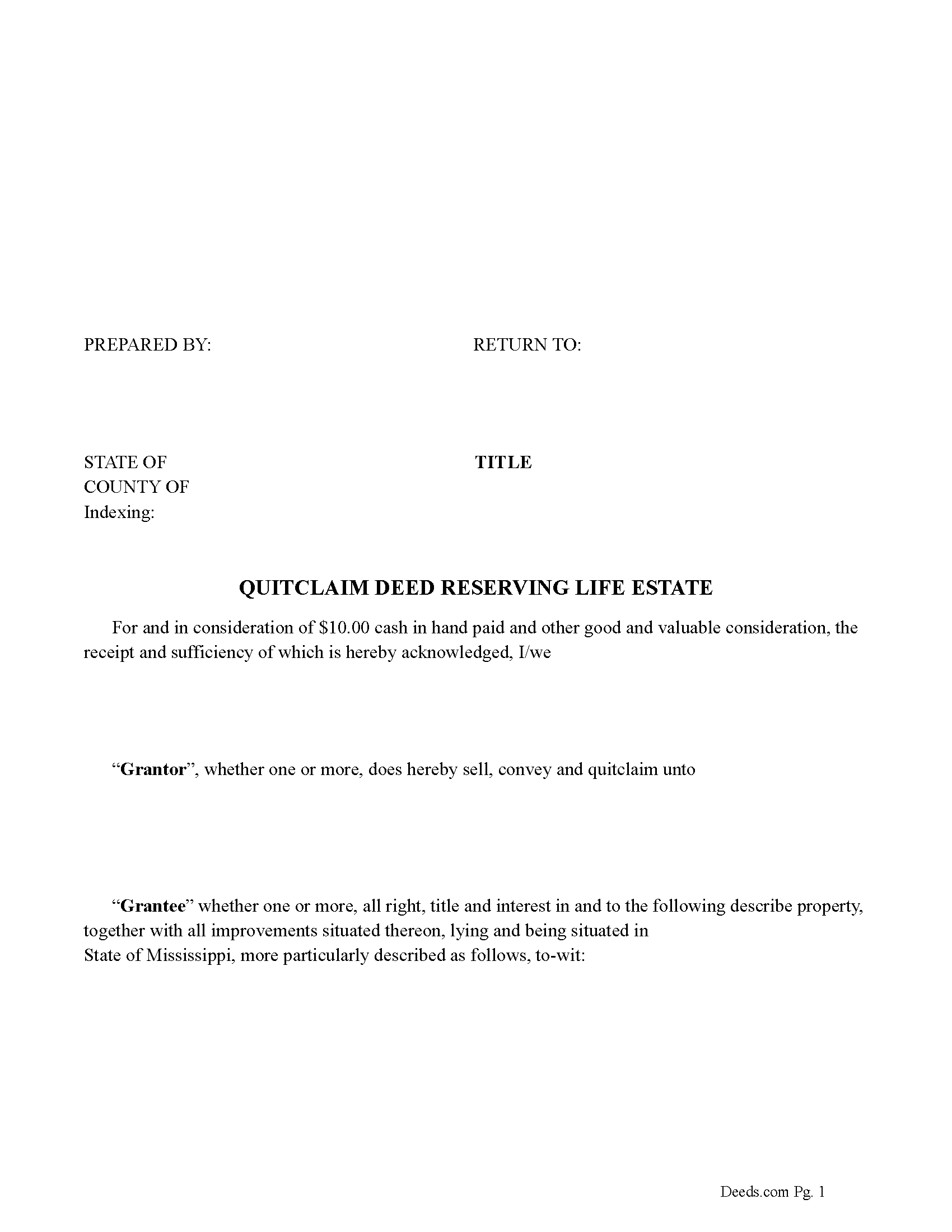 Mississippi Quitclaim Deed Reserving Life Estate Image