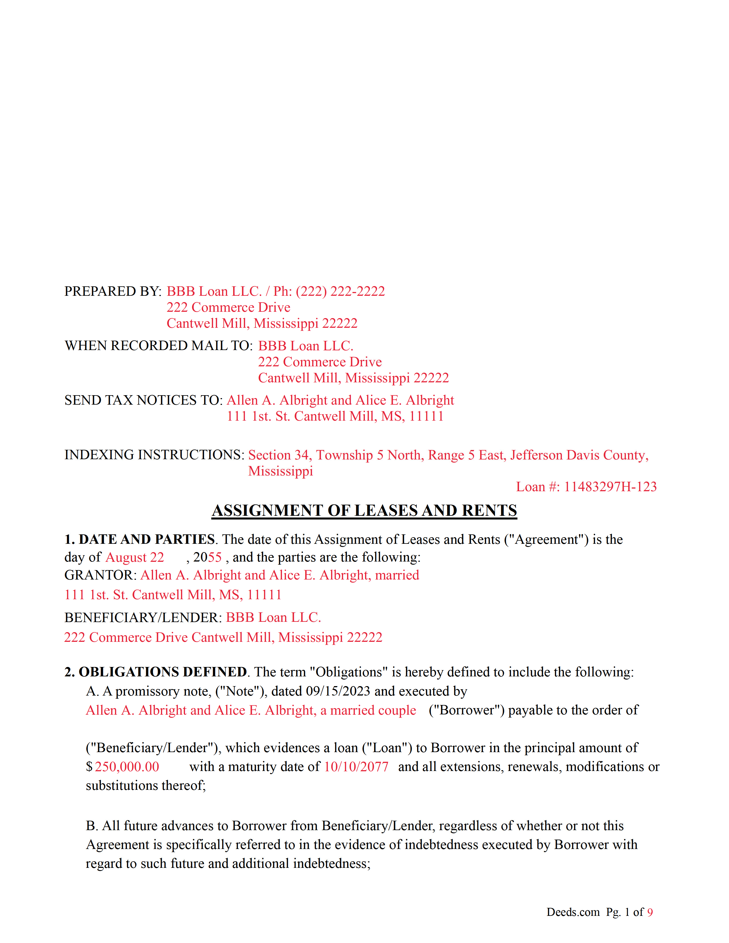 Newton County Completed Example of the Assignment of Leases and Rents Document