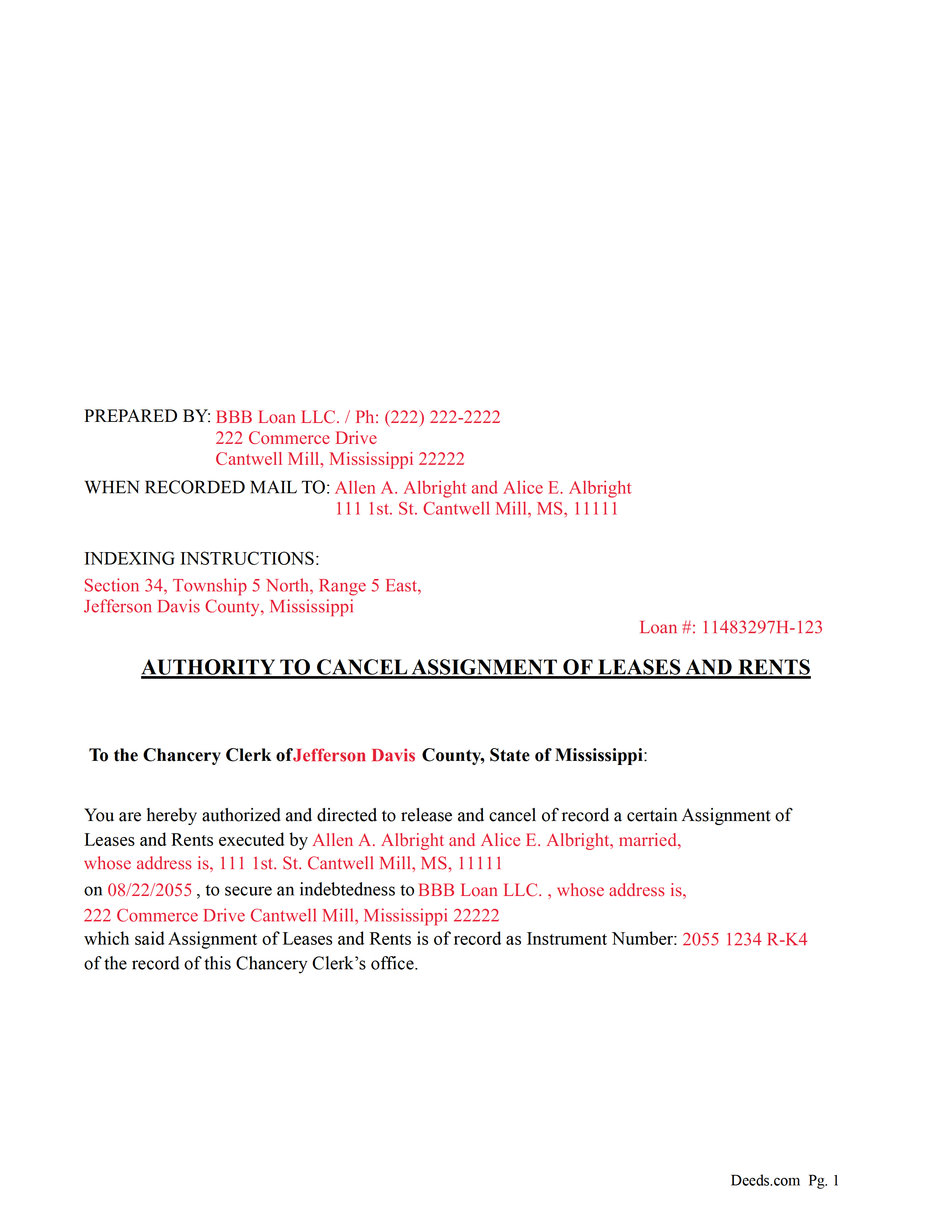 Neshoba County Completed Example of the Authority to Cancel Assignment of Leases and Rents Document