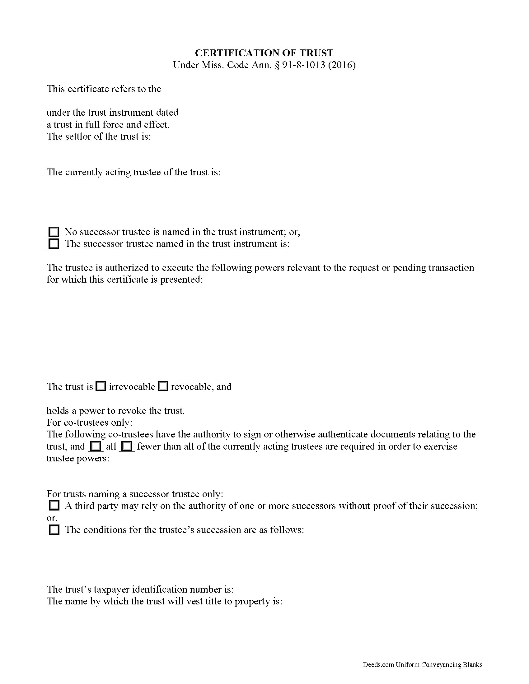 Certificate of Trust Form