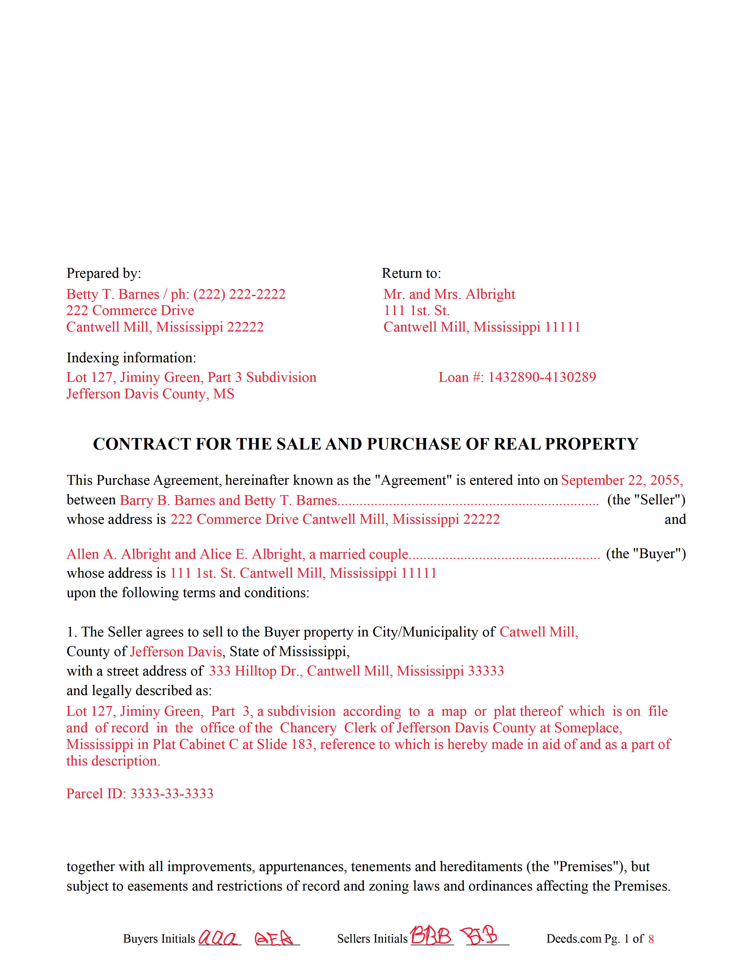 Completed Example of the Contract for the Sale and Purchase of Real Property Document