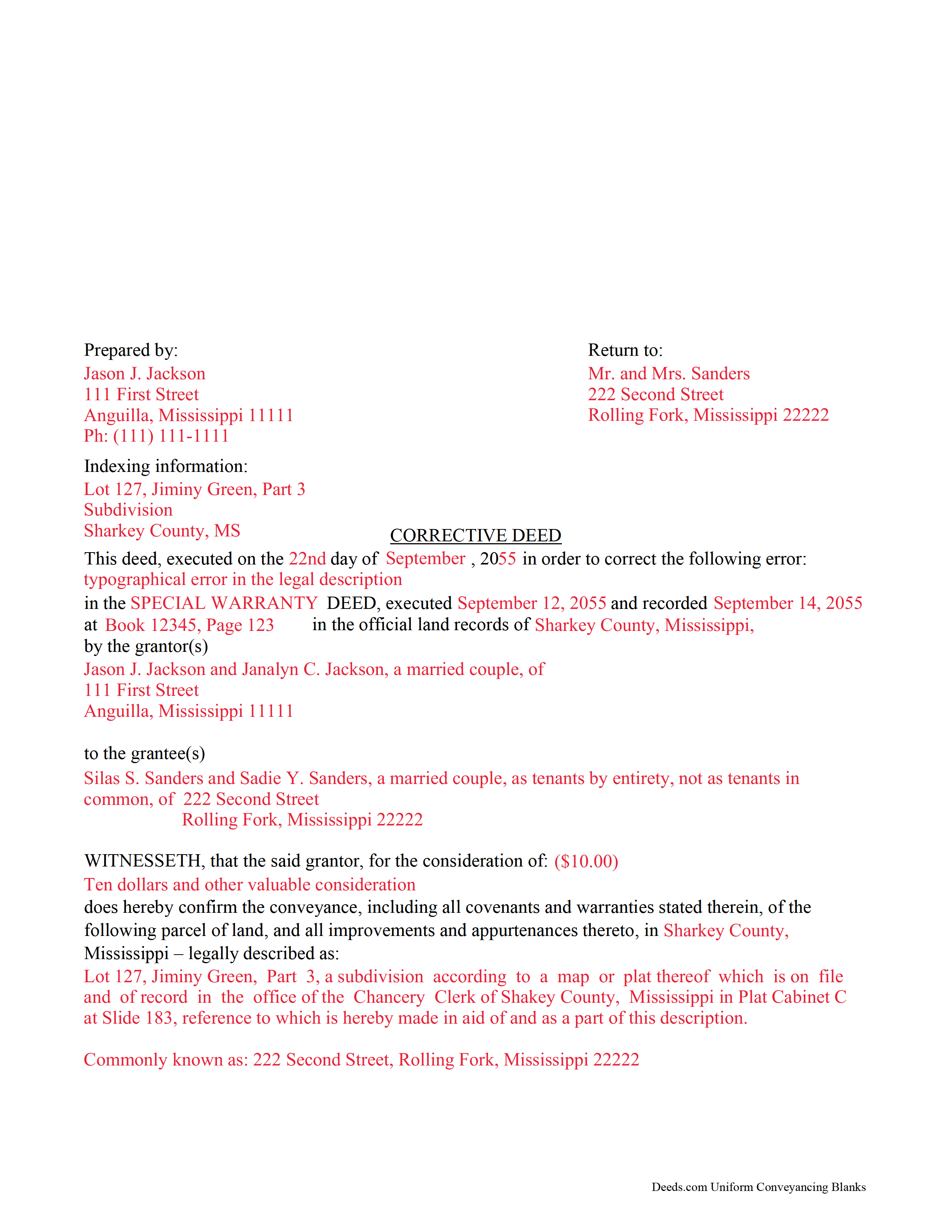 Webster County Completed Example of the Correction Deed Document