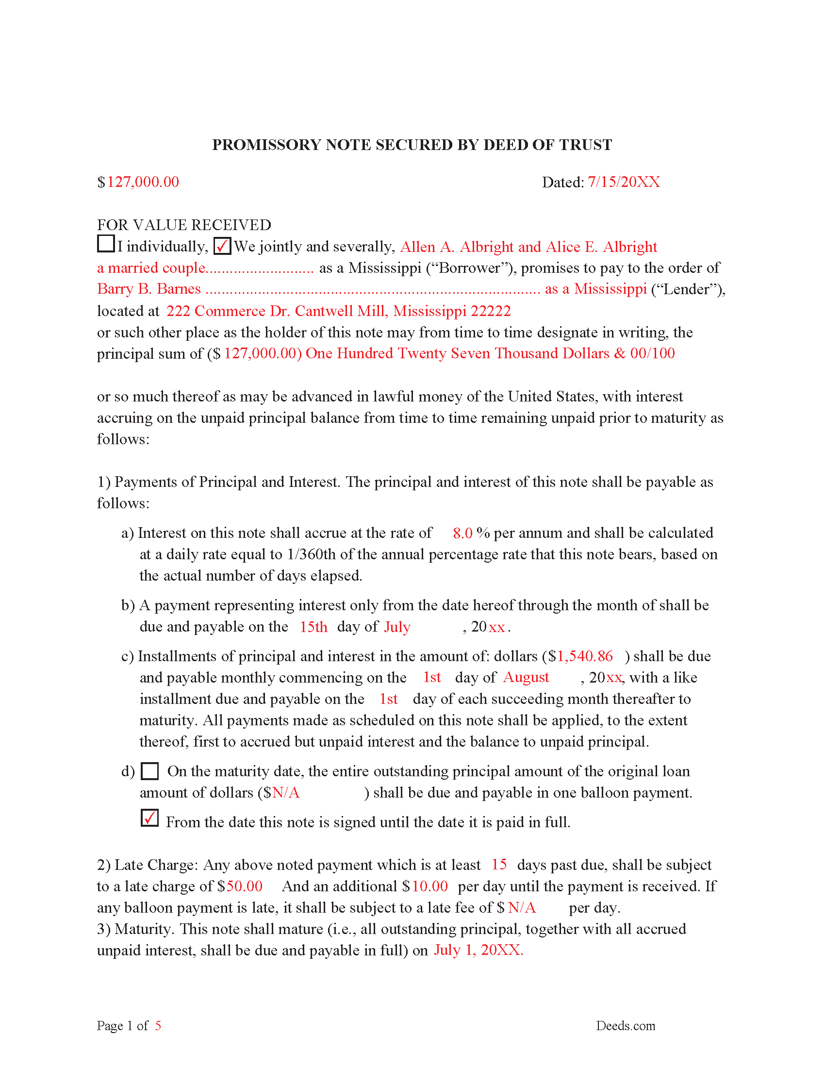 Completed Example of the Promissory Note Document