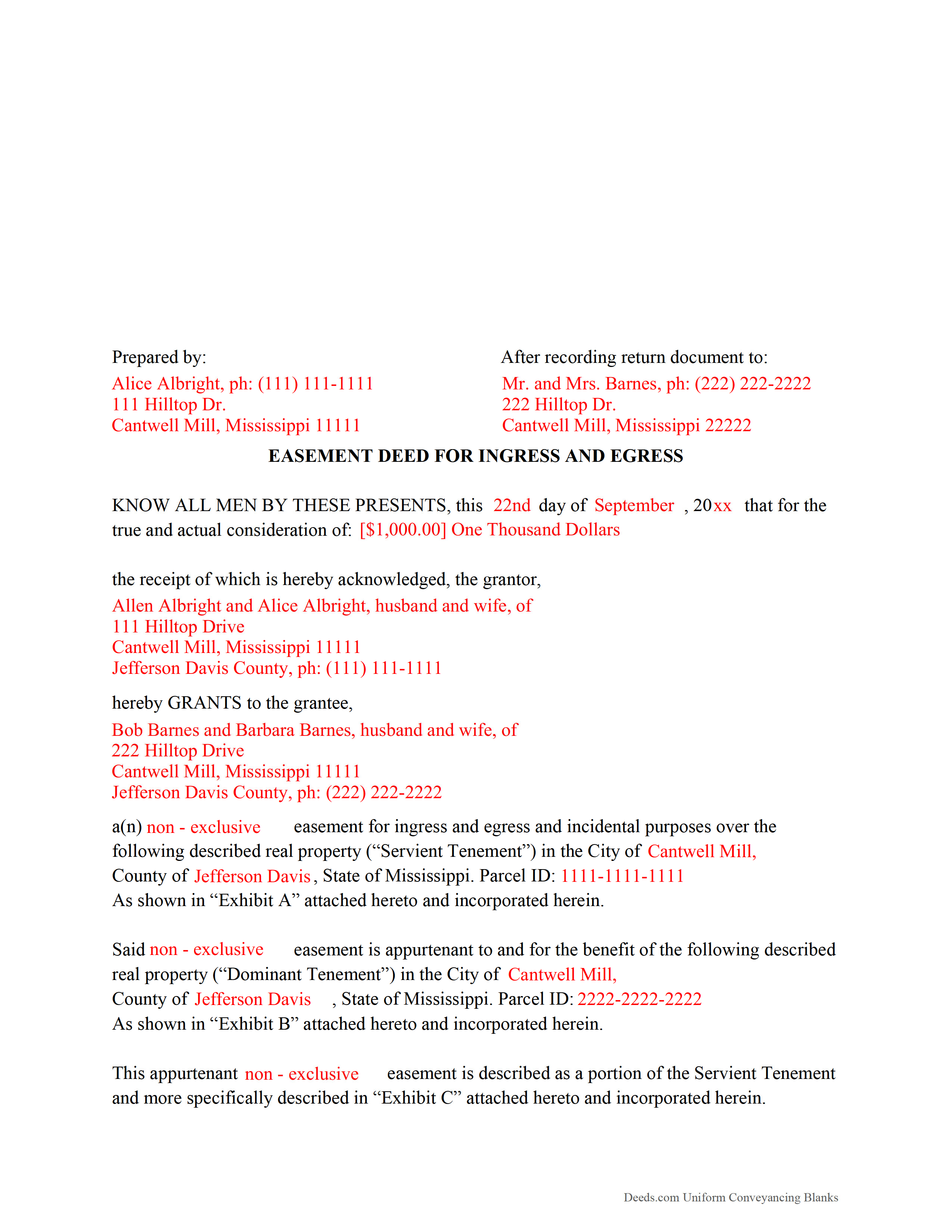 Alcorn County Completed Example of the Easement Deed Document