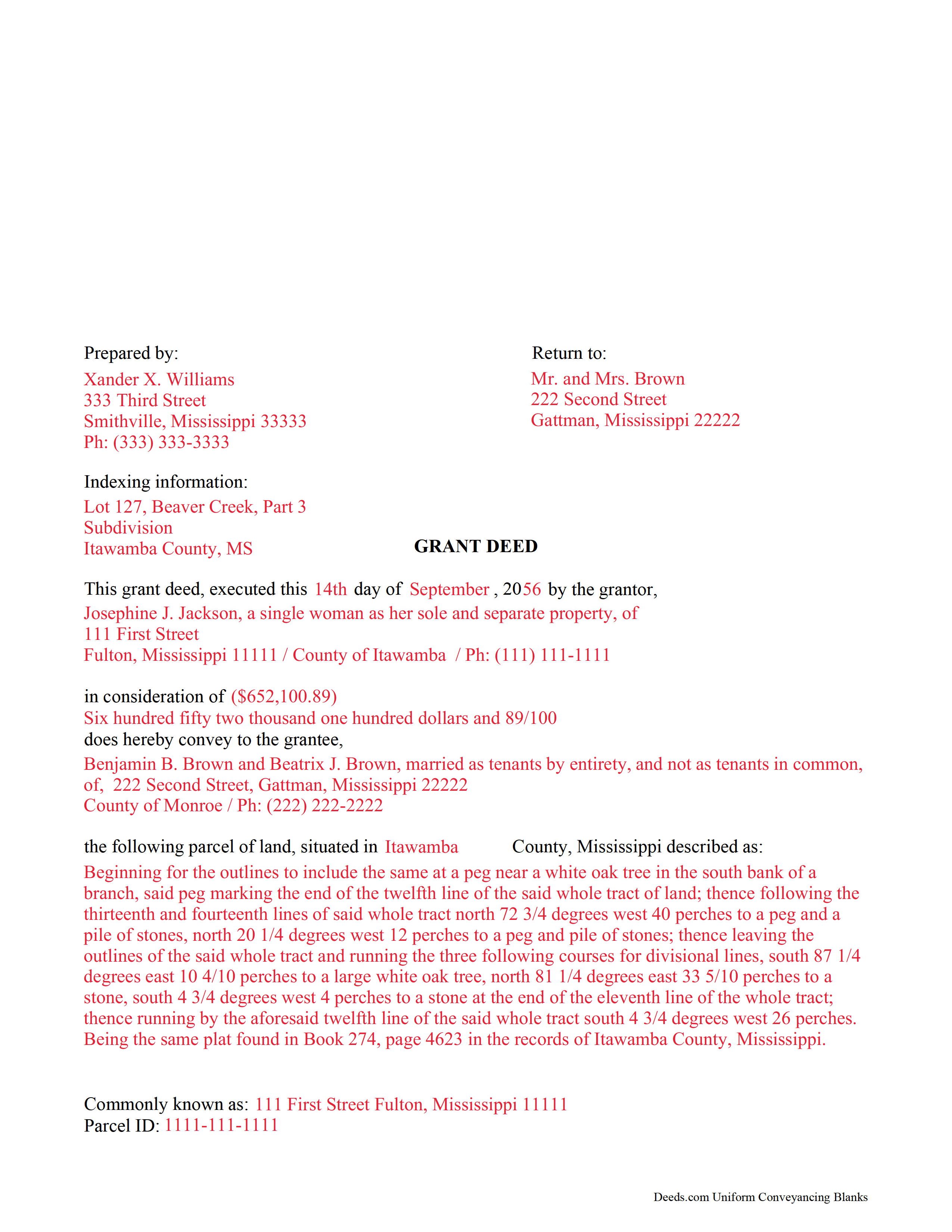 Neshoba County Completed Example of the Grant Deed Document