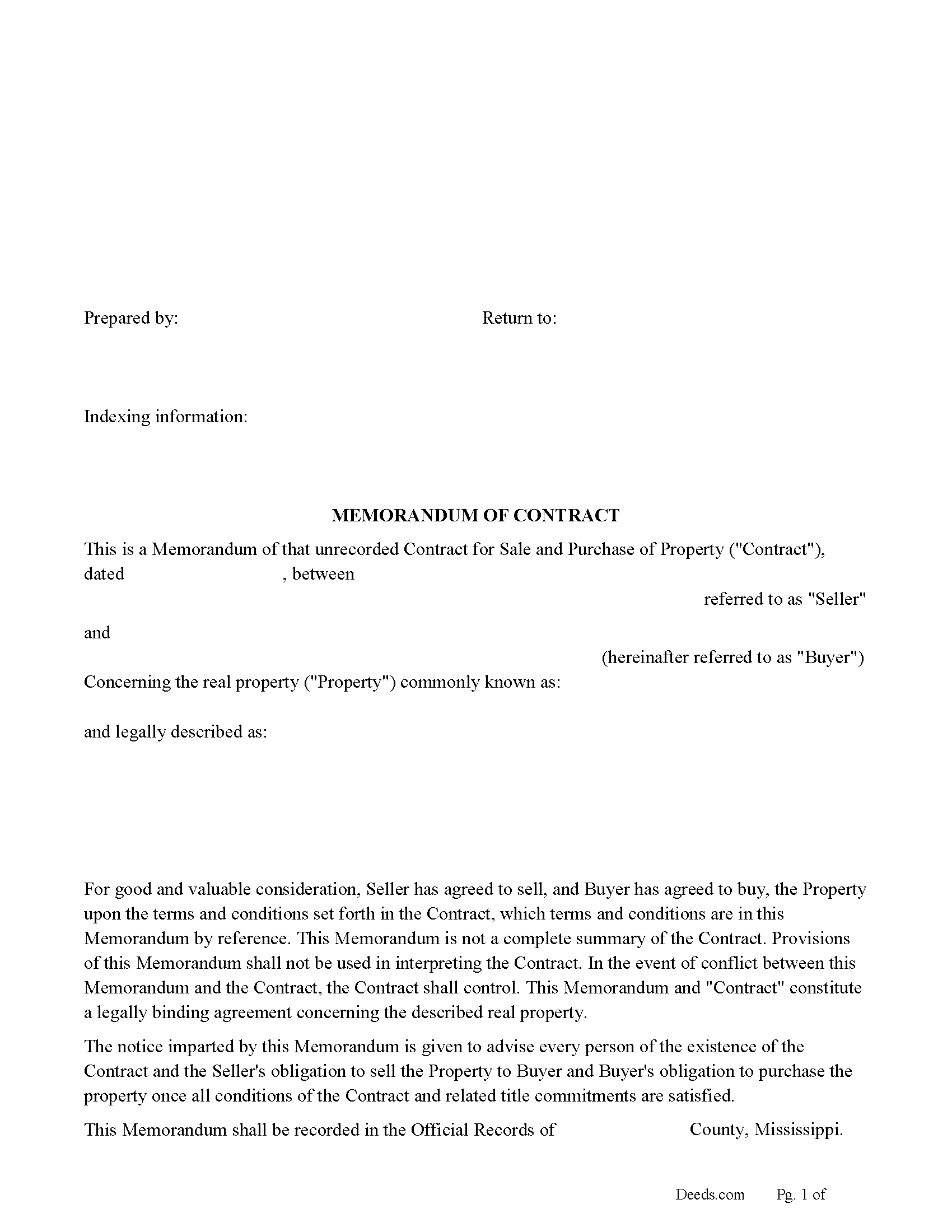 Memorandum of Contract Form