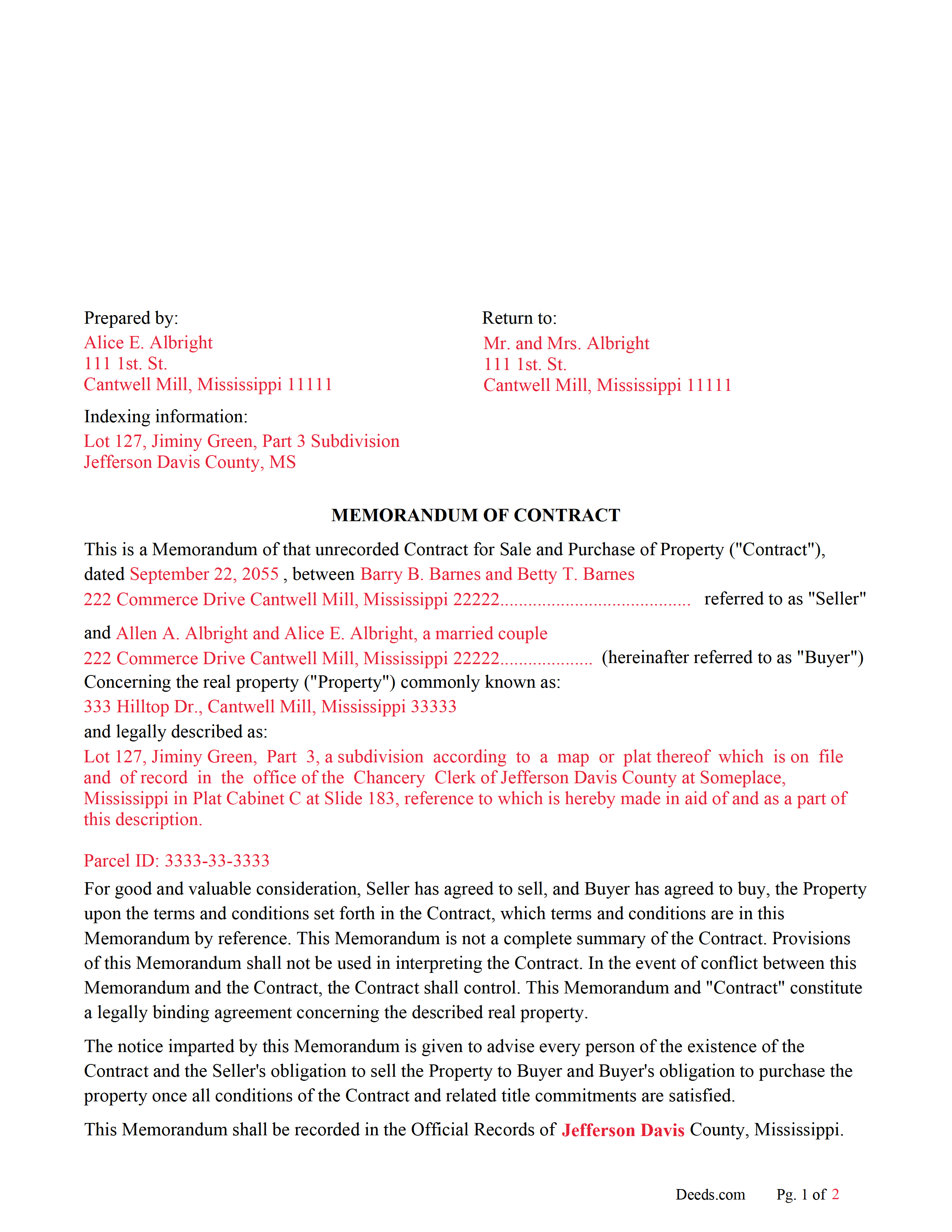 Completed Example of the Memorandum of Land Contract Document