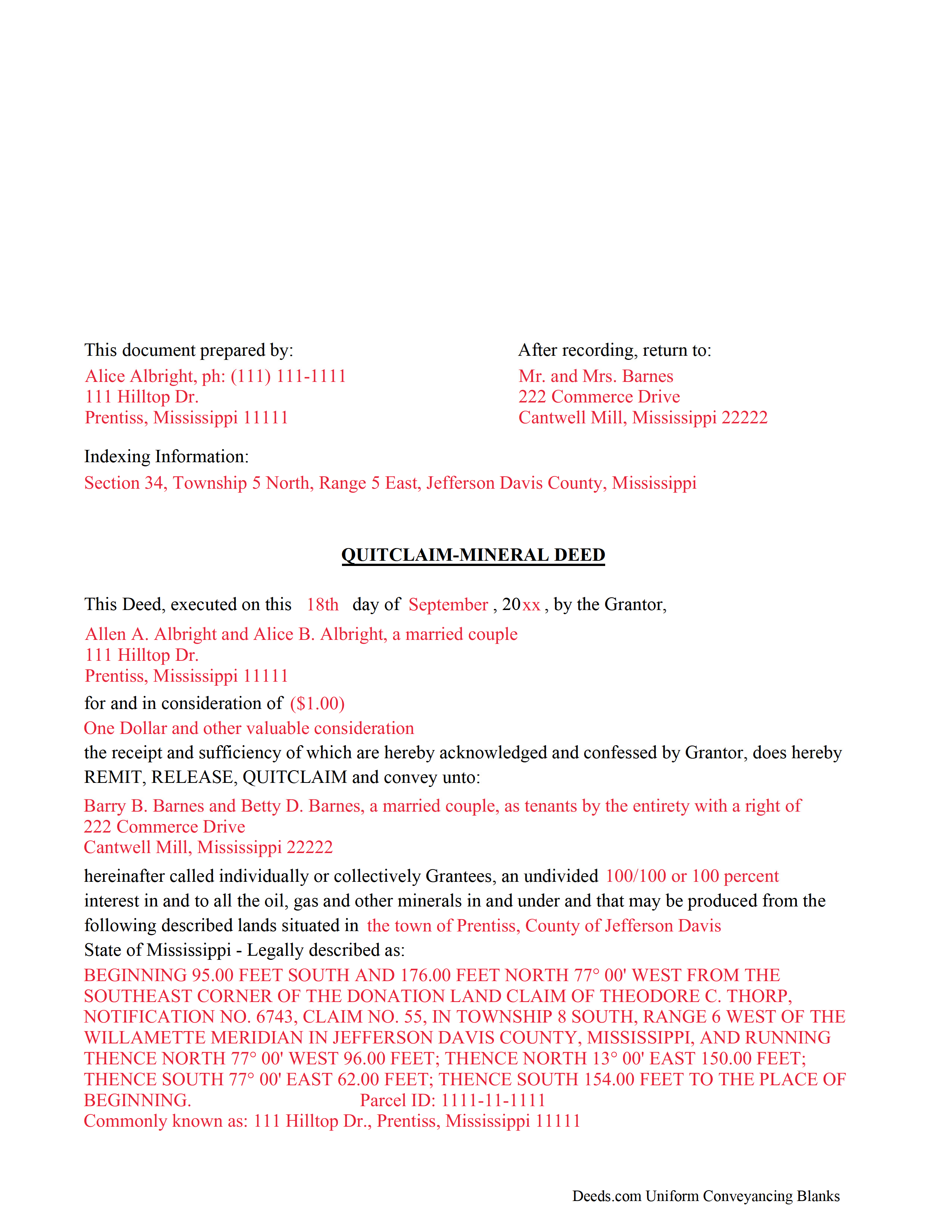 Completed Example of the Mineral Deed with Quitclaim Covenants Document