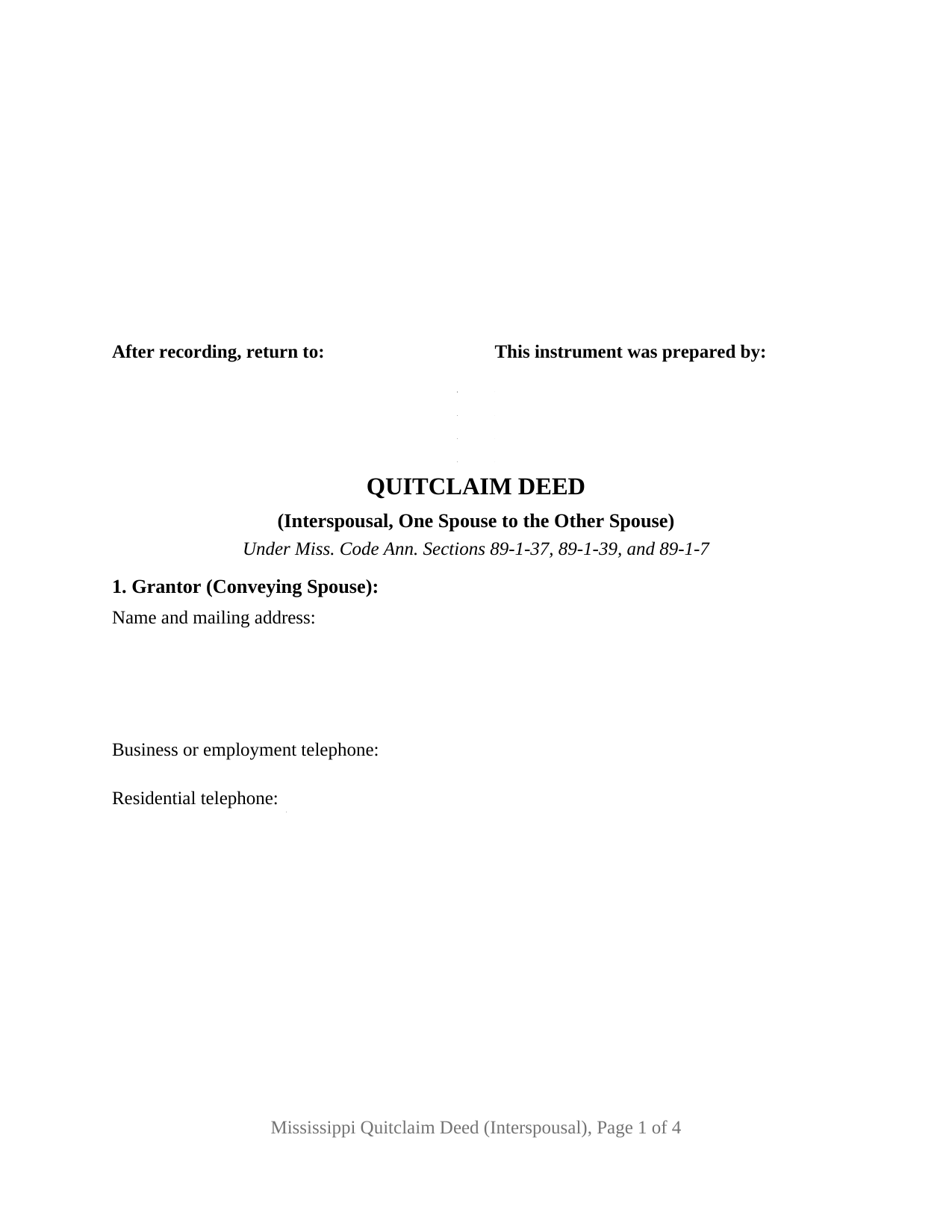 Mississippi Quitclaim Deed (Interspousal)