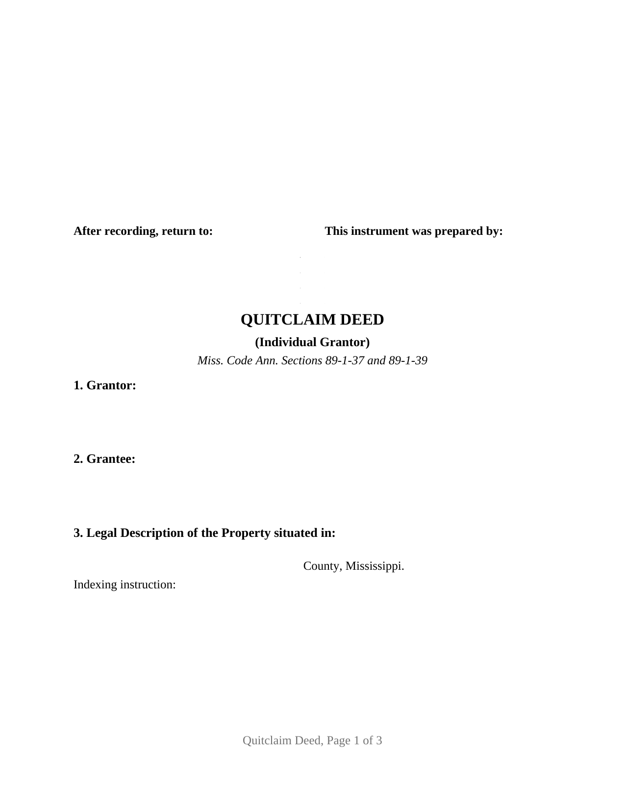 Mississippi Quitclaim Deed (Individual Grantor)