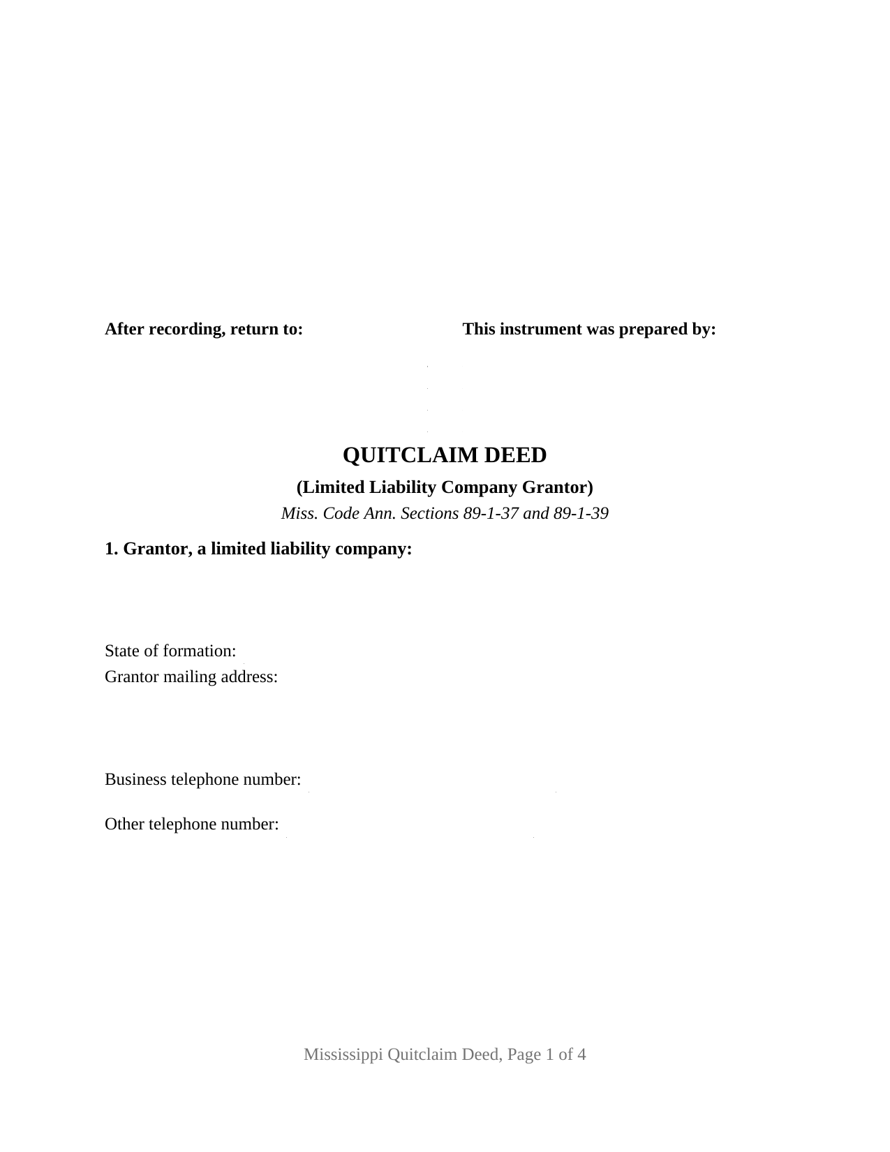 Mississippi Quitclaim Deed (LLC Grantor)