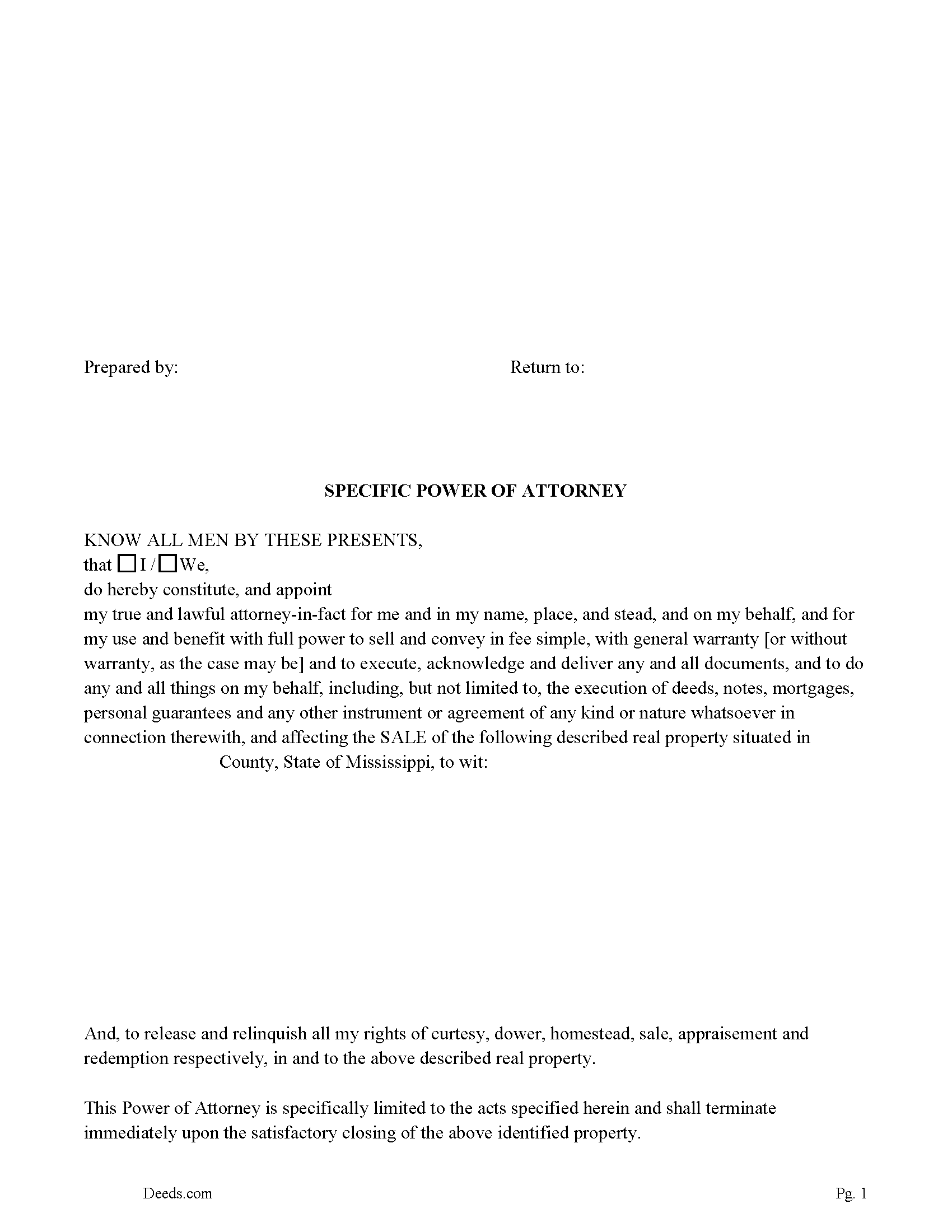 Mississippi Specific Power of Attorney for the Sale of Property Image