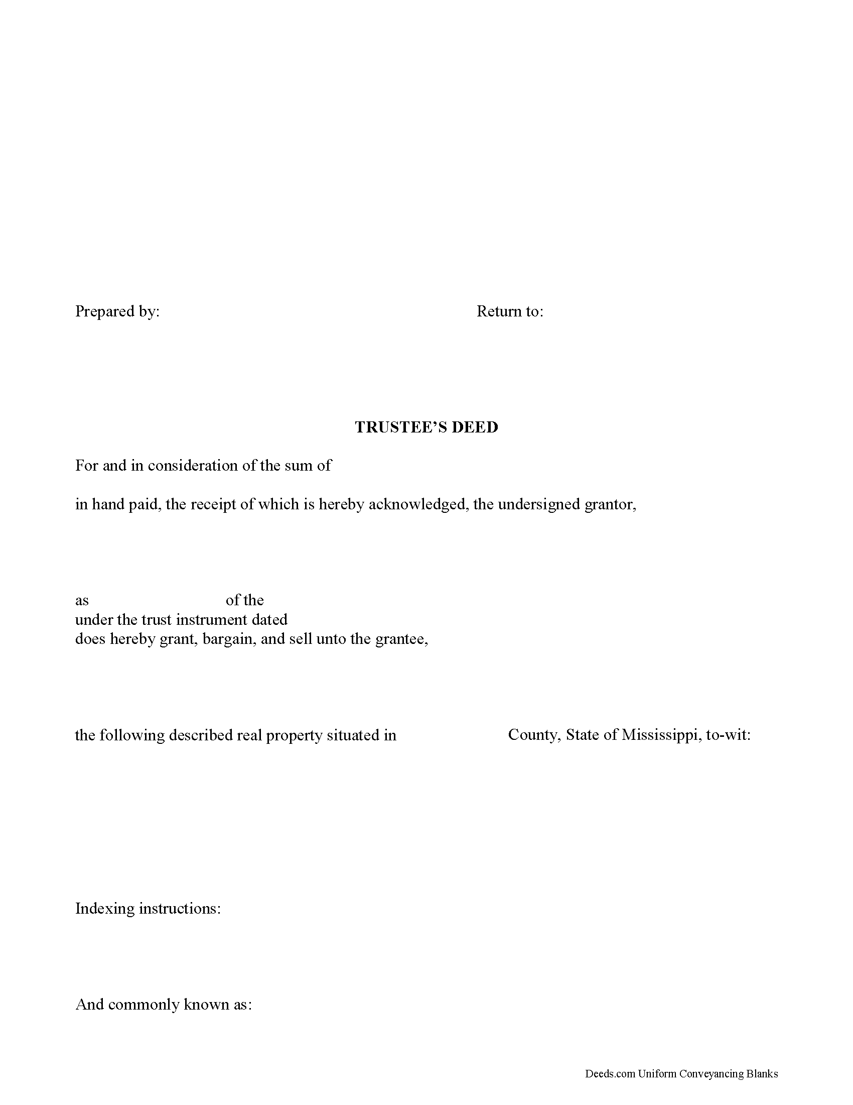 Mississippi Trustee Deed for Inter Vivos Trust Image