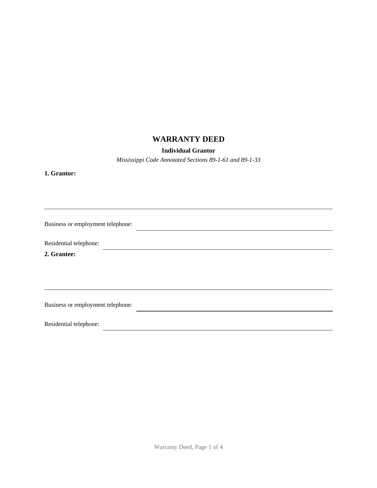 Mississippi Warranty Deed (Individual Grantor)