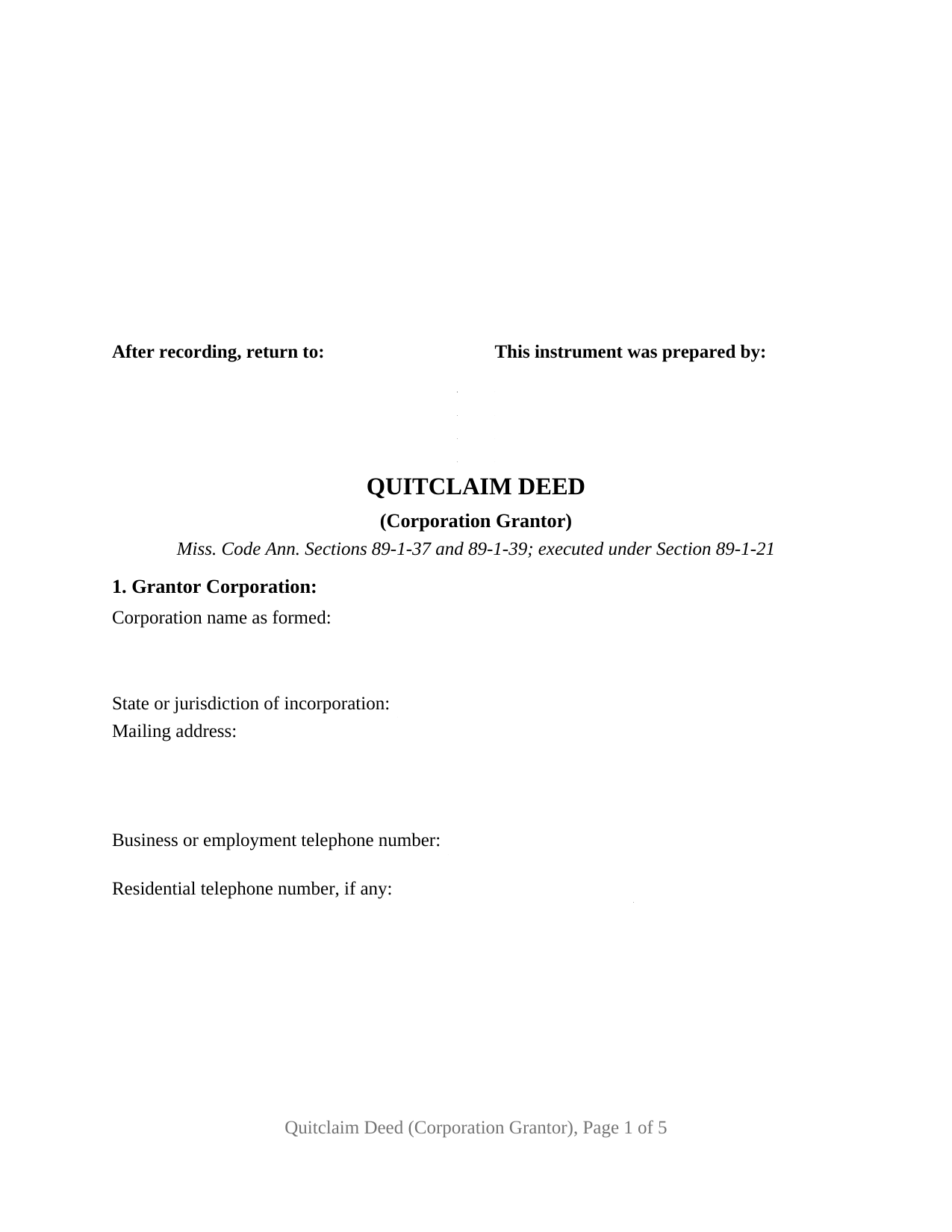Clay County Quitclaim Deed (Corporation Grantor) Form