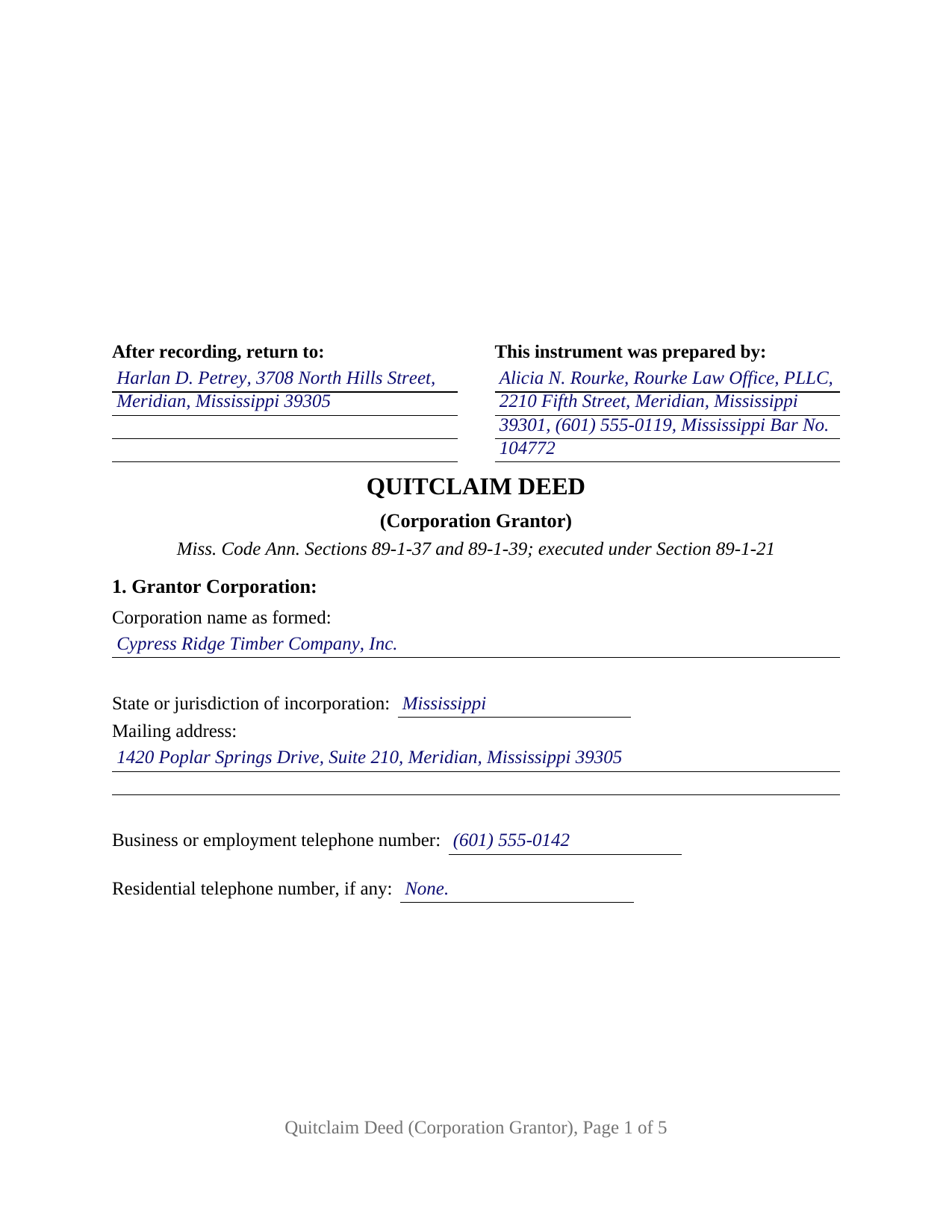 Clay County Completed Example of the Quitclaim Deed (Corporation Grantor) Document