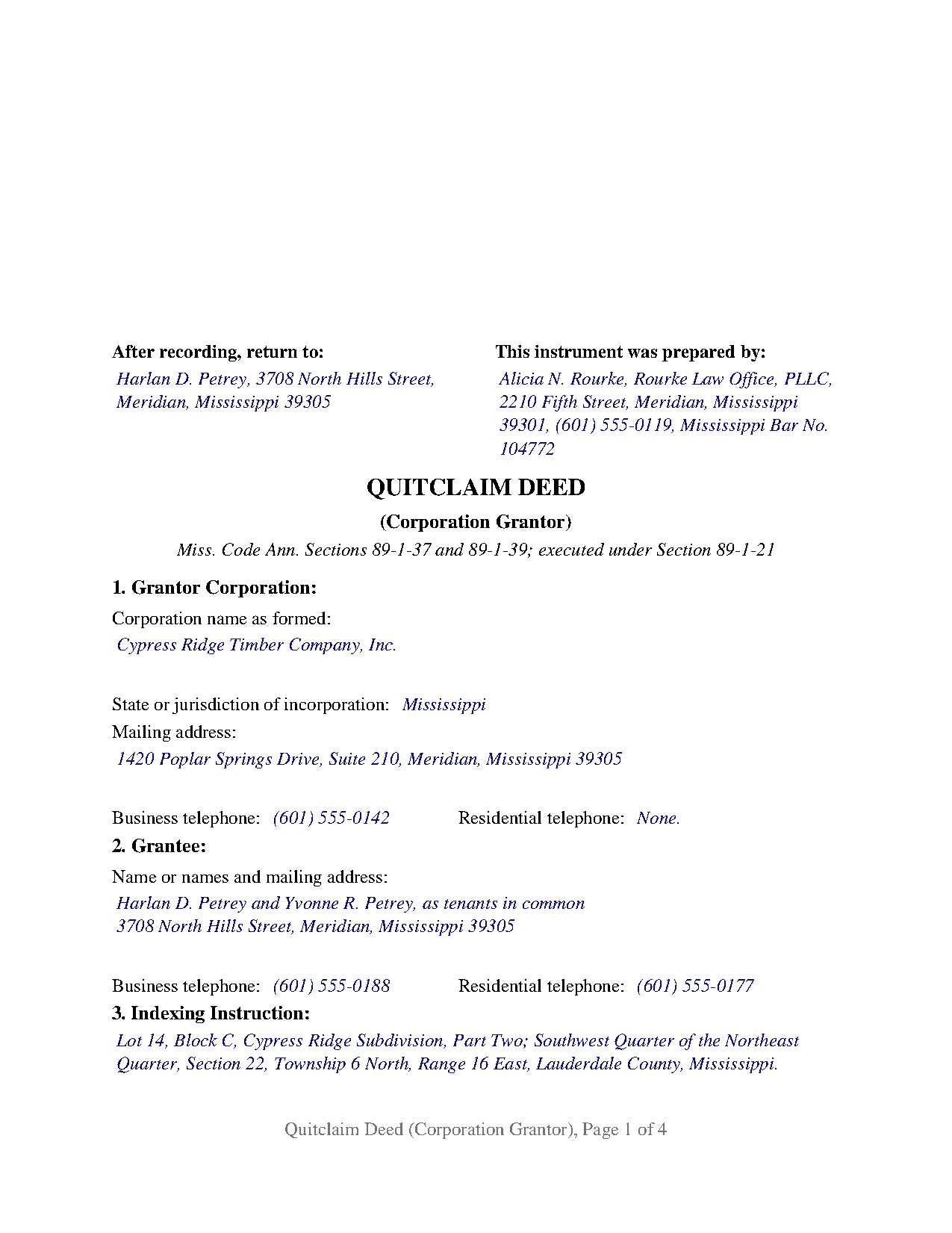 Warren County Completed Example of the Quitclaim Deed (Corporation Grantor) Document