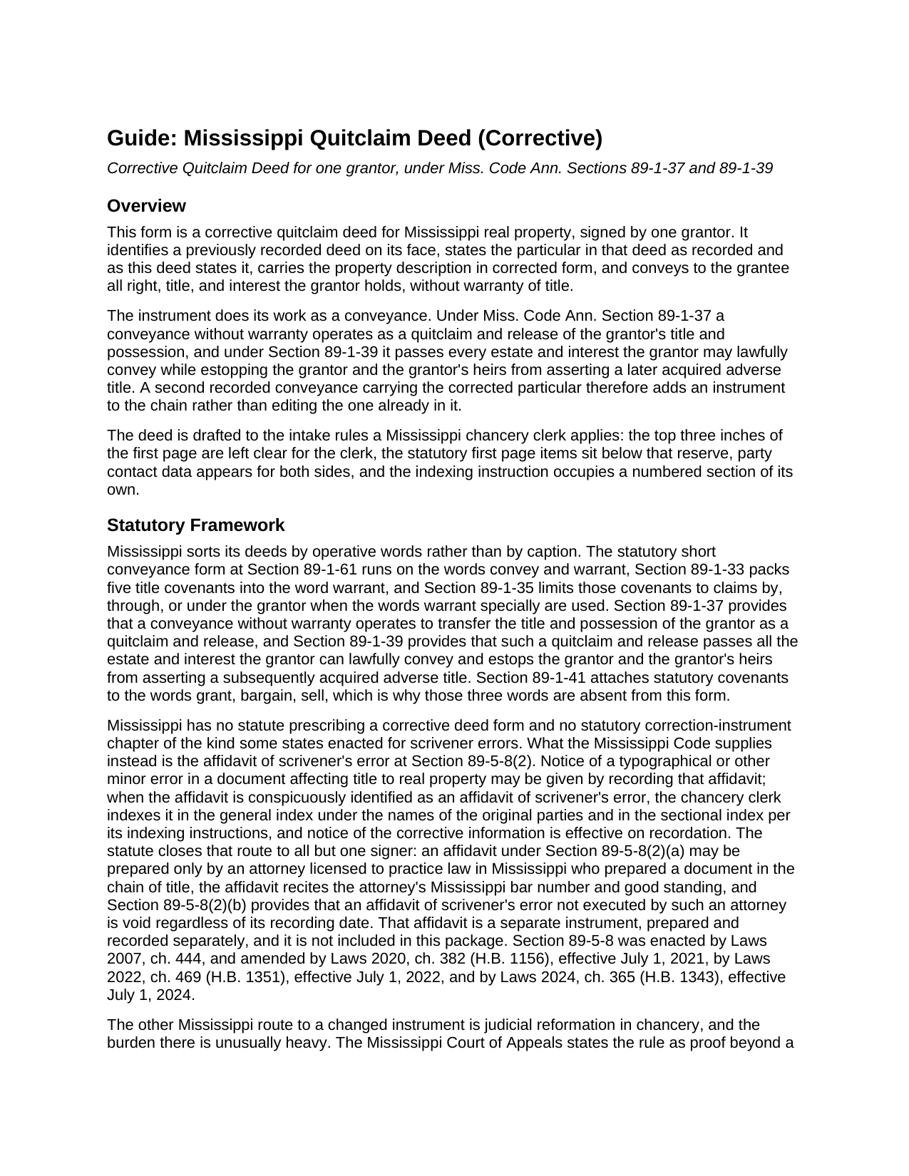 Holmes County Quitclaim Deed (Corrective) Guide