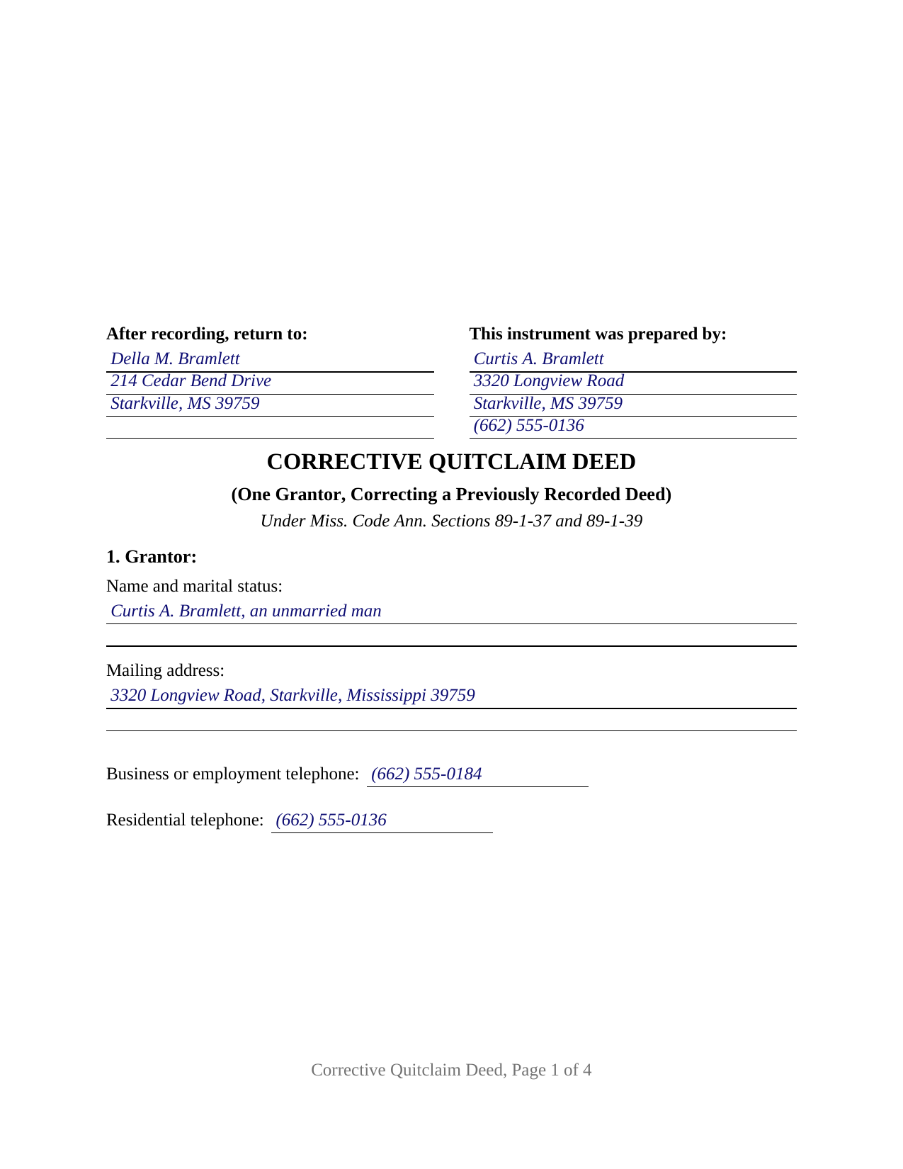 Holmes County Completed Example of the Quitclaim Deed (Corrective) Document