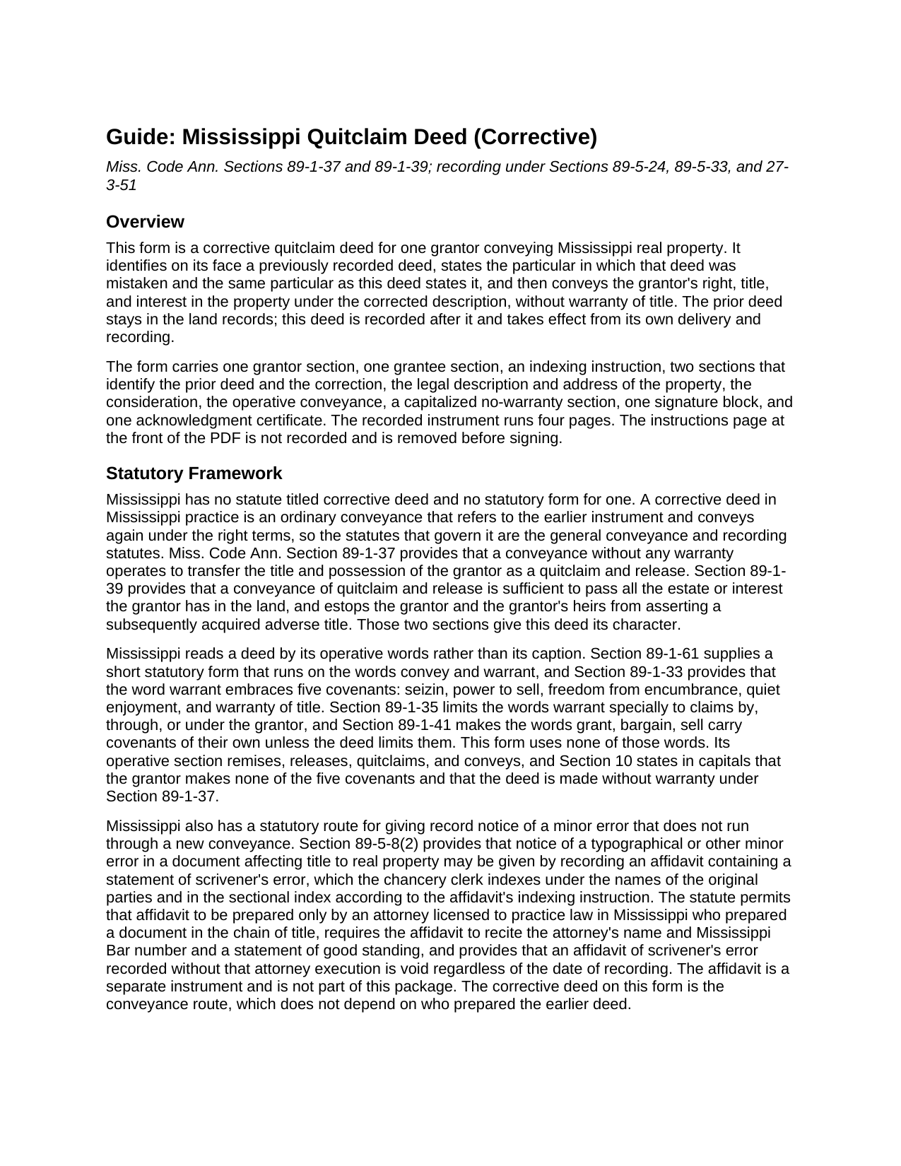 Clay County Quitclaim Deed (Corrective) Guide