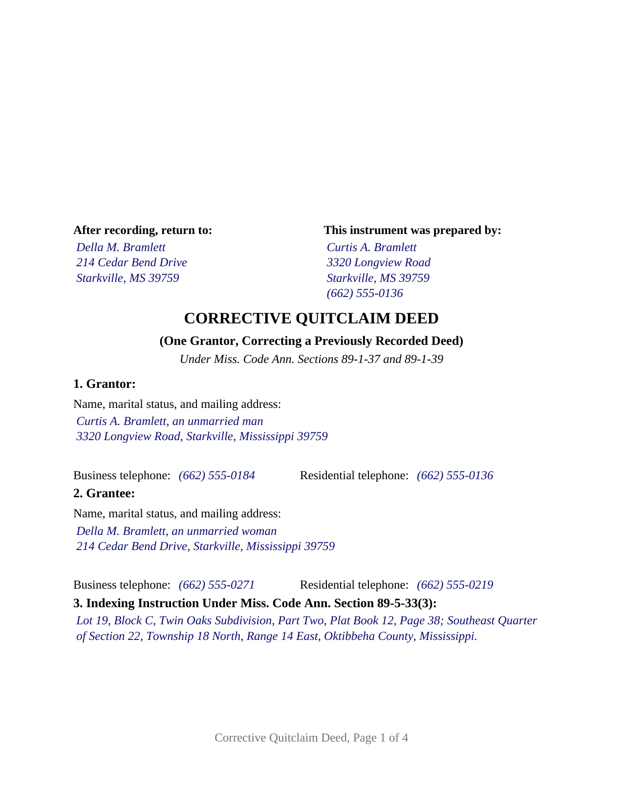 Clay County Completed Example of the Quitclaim Deed (Corrective) Document