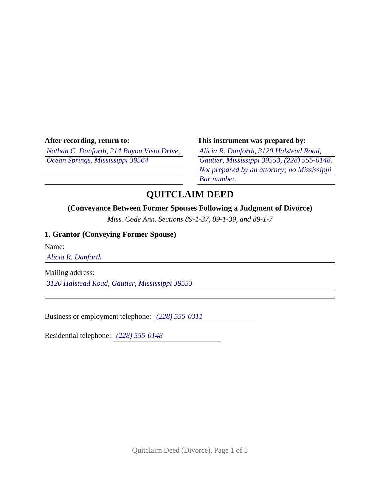 Neshoba County Completed Example of the Quitclaim Deed (Divorce) Document