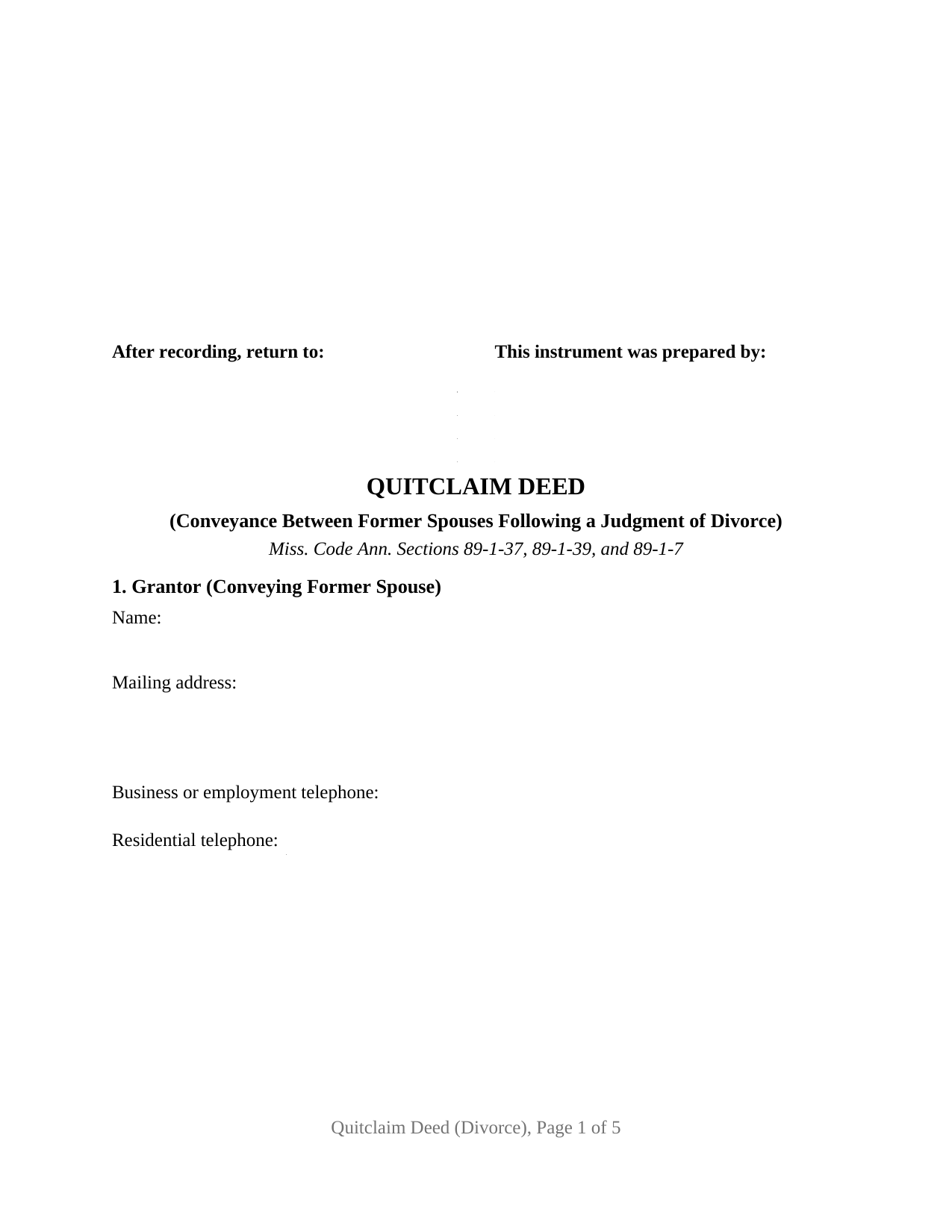 Neshoba County Quitclaim Deed (Divorce) Form