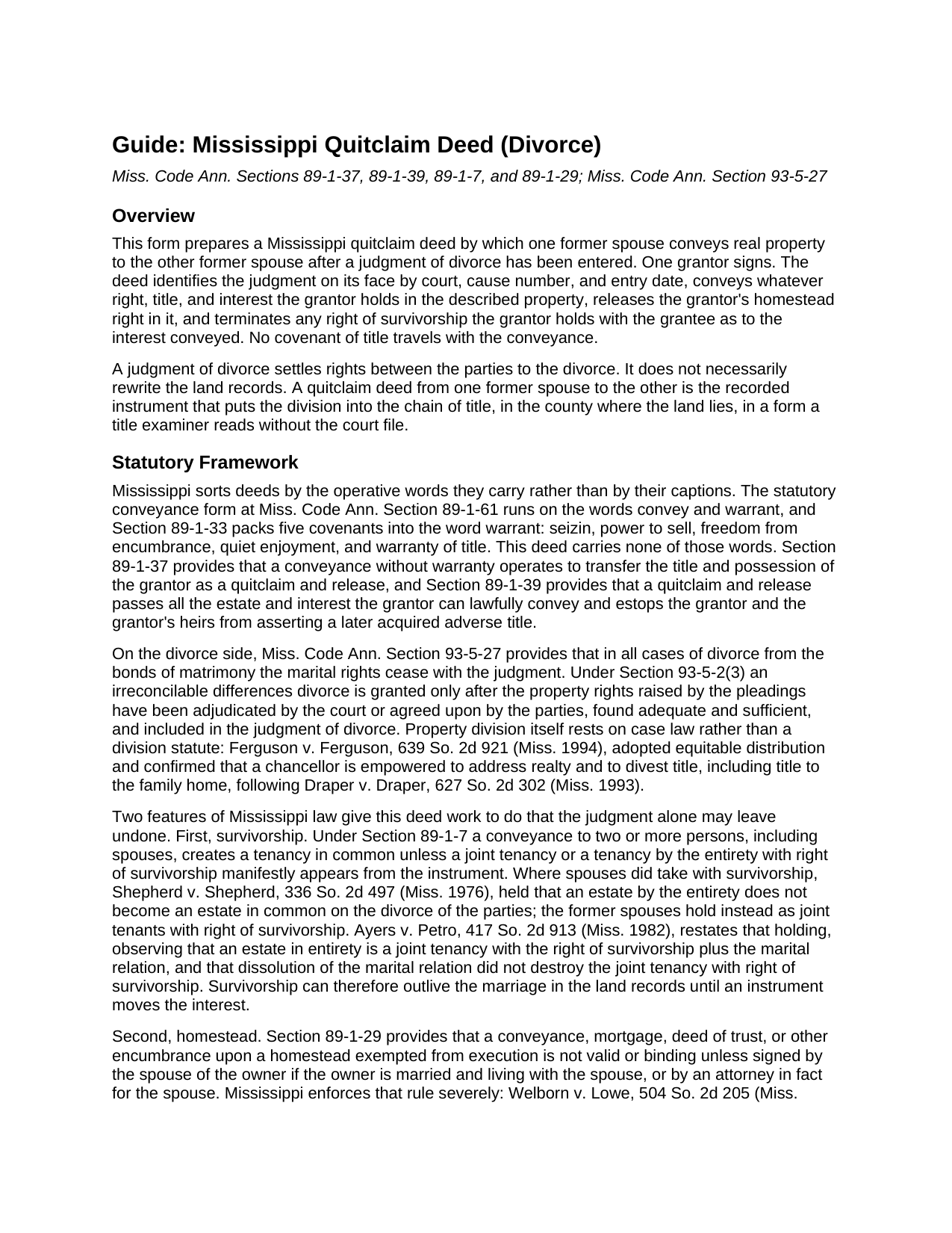 Neshoba County Quitclaim Deed (Divorce) Guide