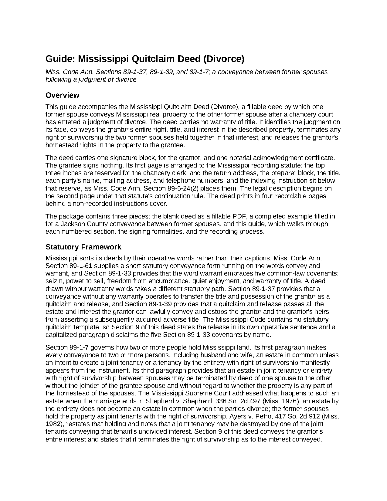 Calhoun County Quitclaim Deed (Divorce) Guide